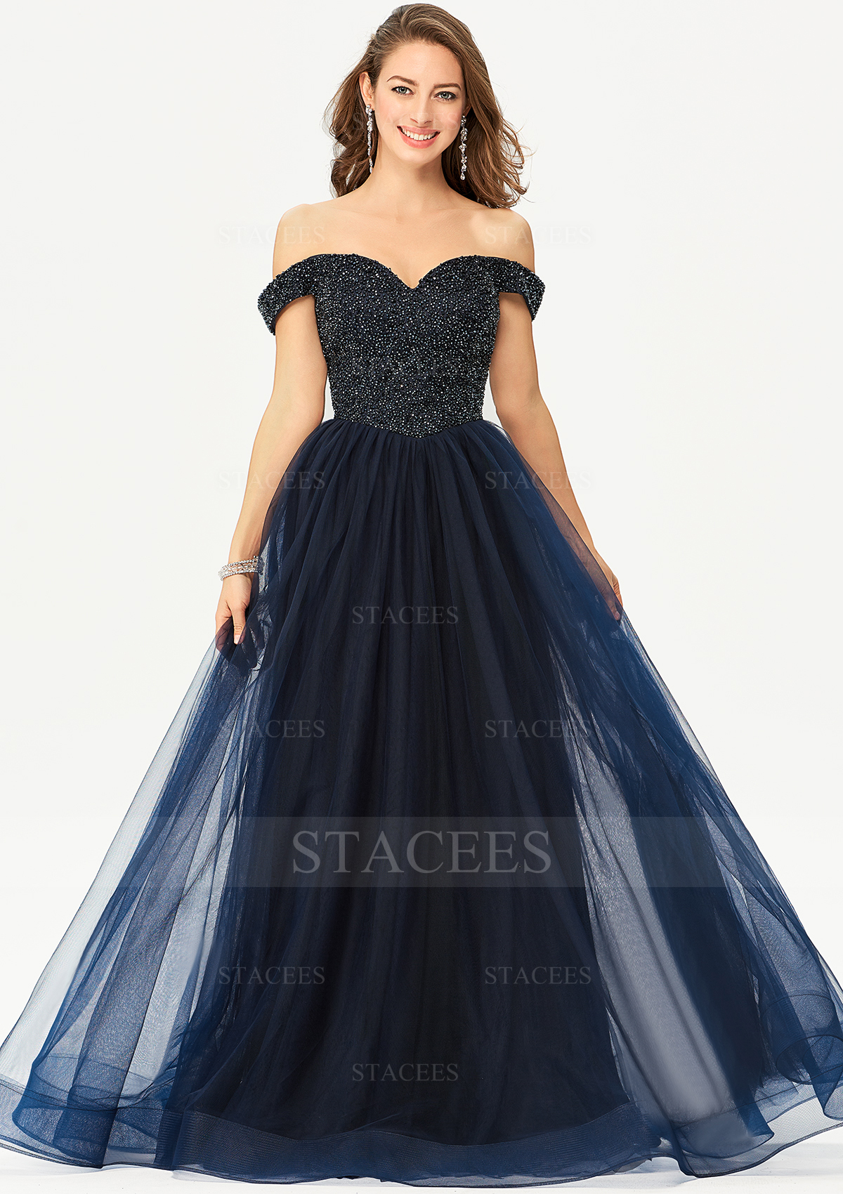 Robe princesse épaule dénudée tulle satin long/ras du sol robe de bal avec perle