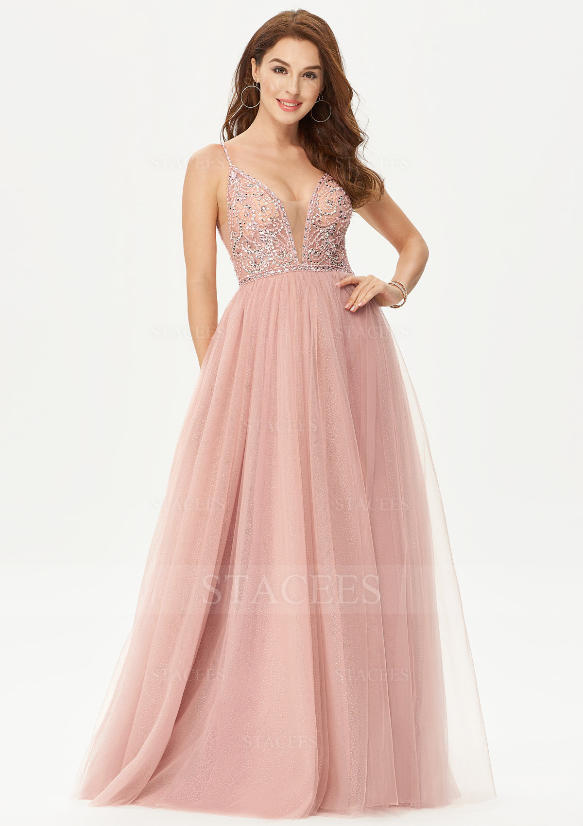 Trapèze col en v satin tulle long/ras du sol robe de bal avec beading sequins glitter