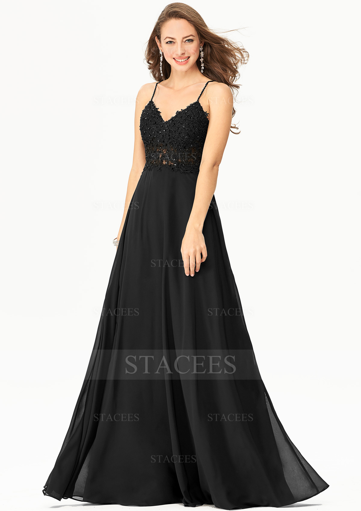 Robe trapèze col en v mousseline longueur ras du sol robe de bal avec perle paillettes