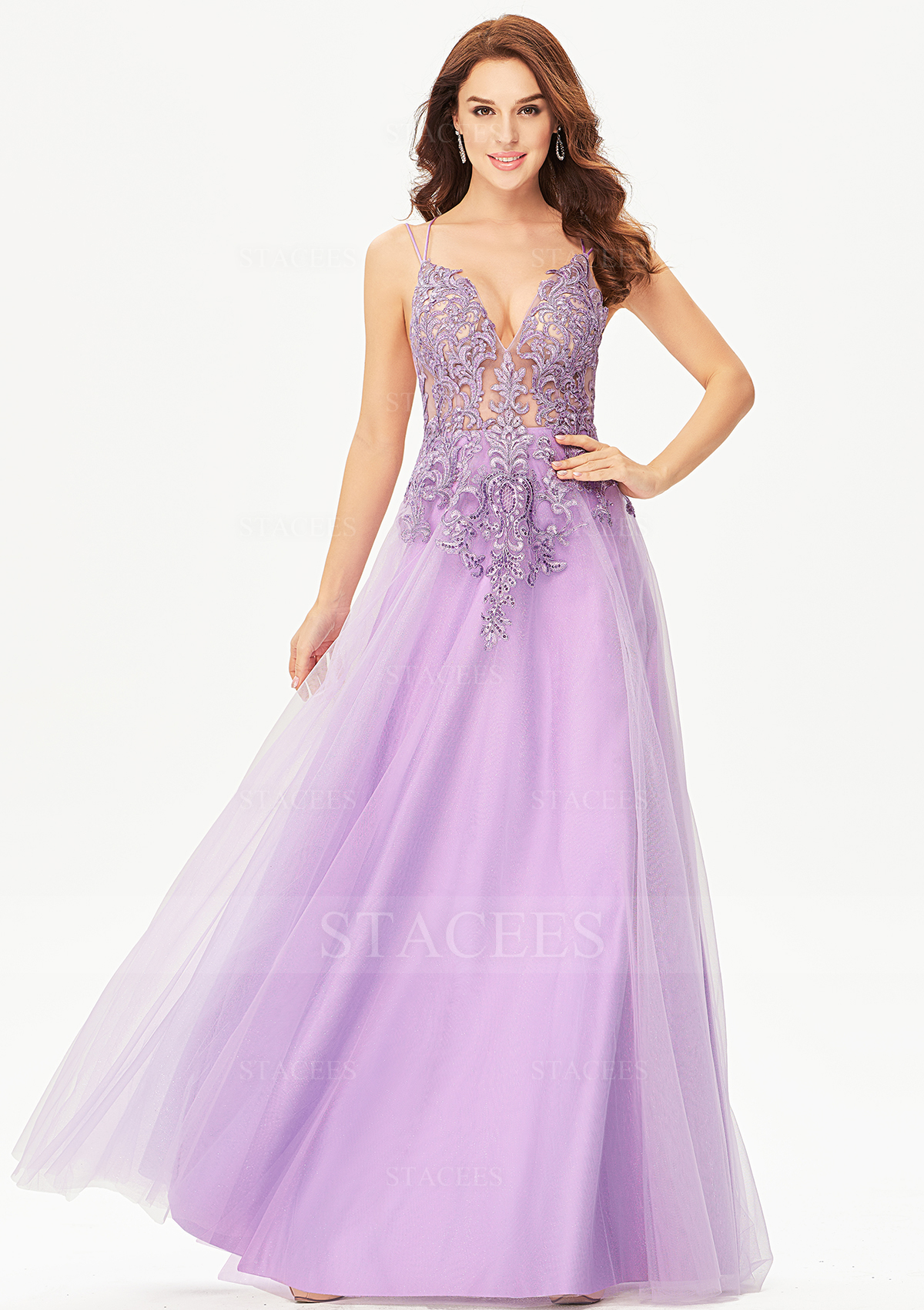 Romantic Tulle Glitter-Satin A-line Long Prom Dress With Appliqued Sequins