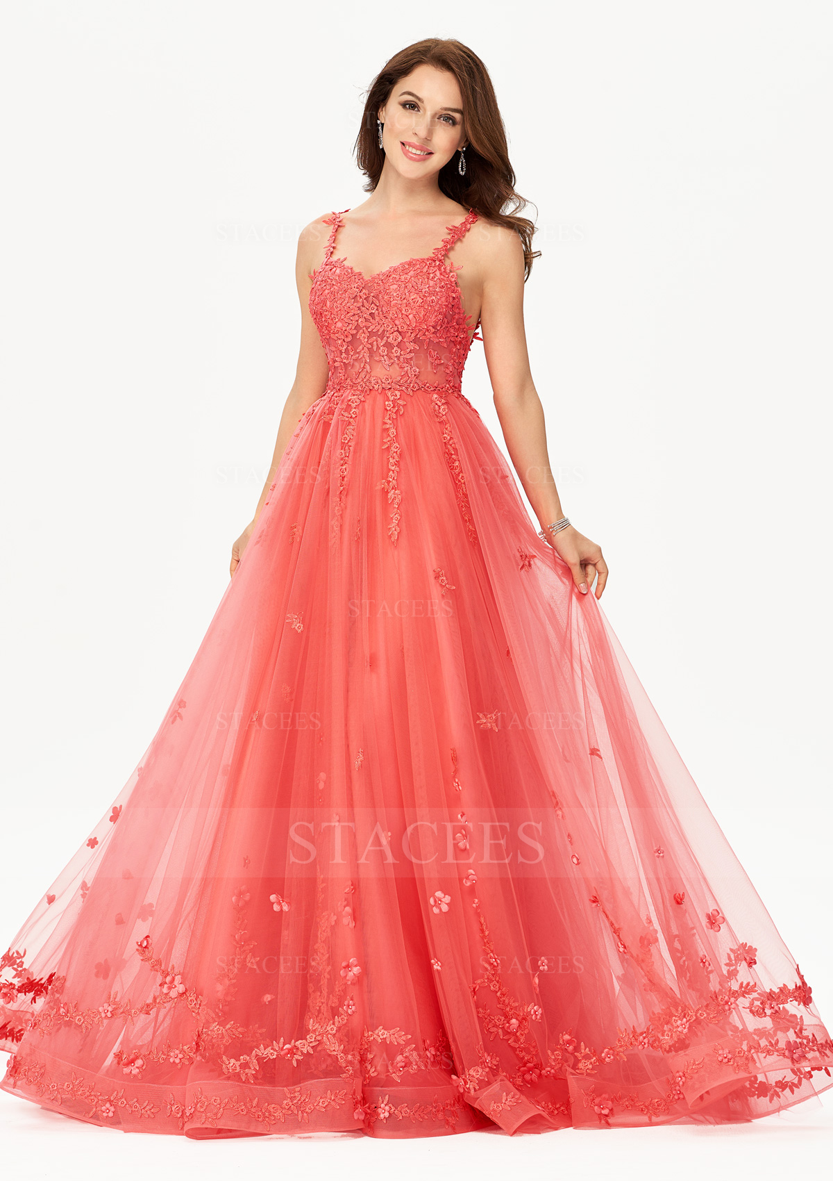 Princess A-line Sweetheart Sleeveless Tulle Satin Court Train Prom Dress With Fringe Flowers Lace