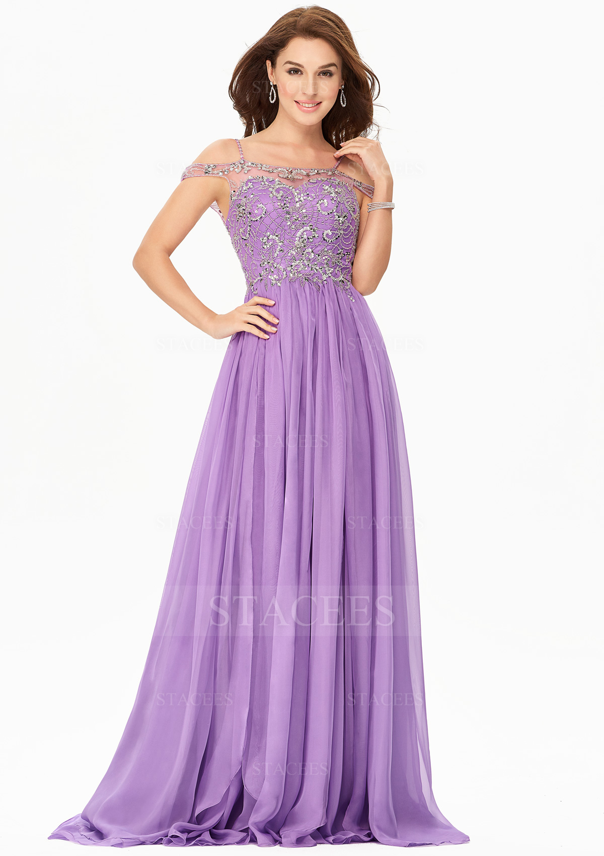 Trapèze col festonné mousseline traîne balayage robe de bal avec perle