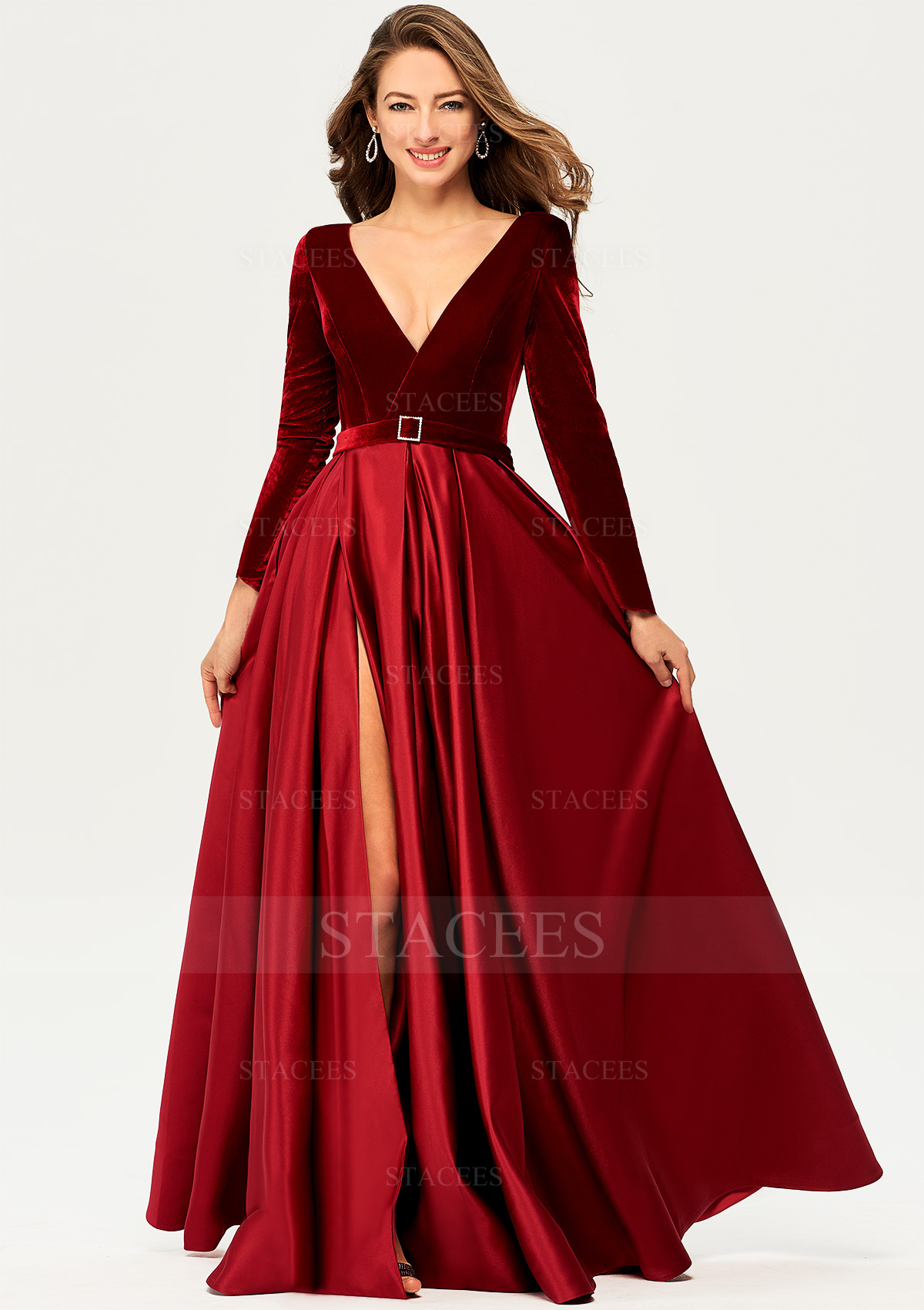velvet a line dress Stacees Prom Dress Princess A-line V Neck Full/Long Sleeve Satin Velvet Long/Floor-Length Split Pockets Sashes