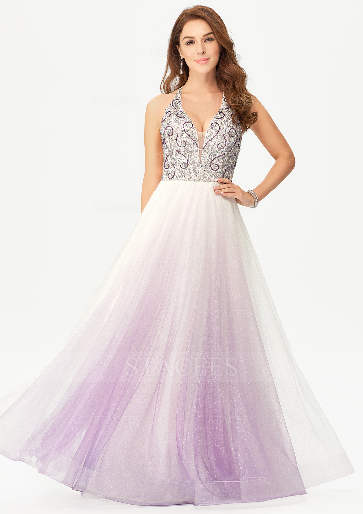 Trapèze col en v satin tulle long/ras du sol robe de bal avec beading crystal glitter