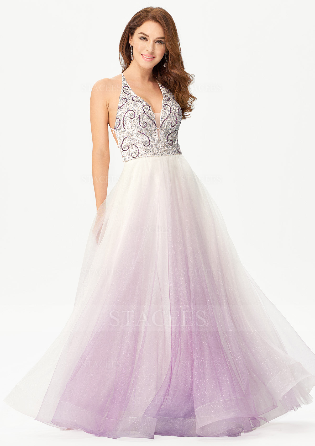 As Picture A-line V Neck Sleeveless Tulle Satin Long/Floor-Length Prom Dress With Beading Crystal Glitter - STACEES