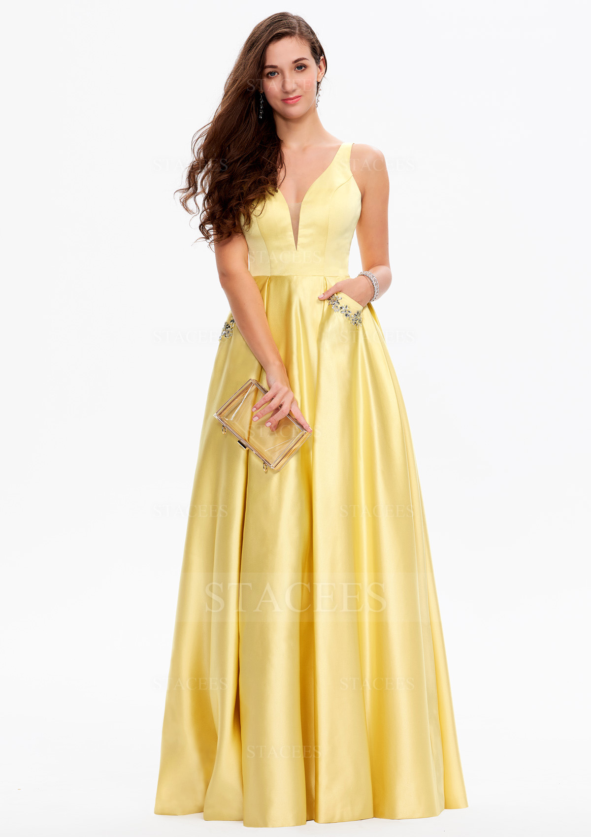 Daffodil A-line V Neck Sleeveless Satin Long/Floor-Length Prom Dress With Pockets Rhinestone - STACEES