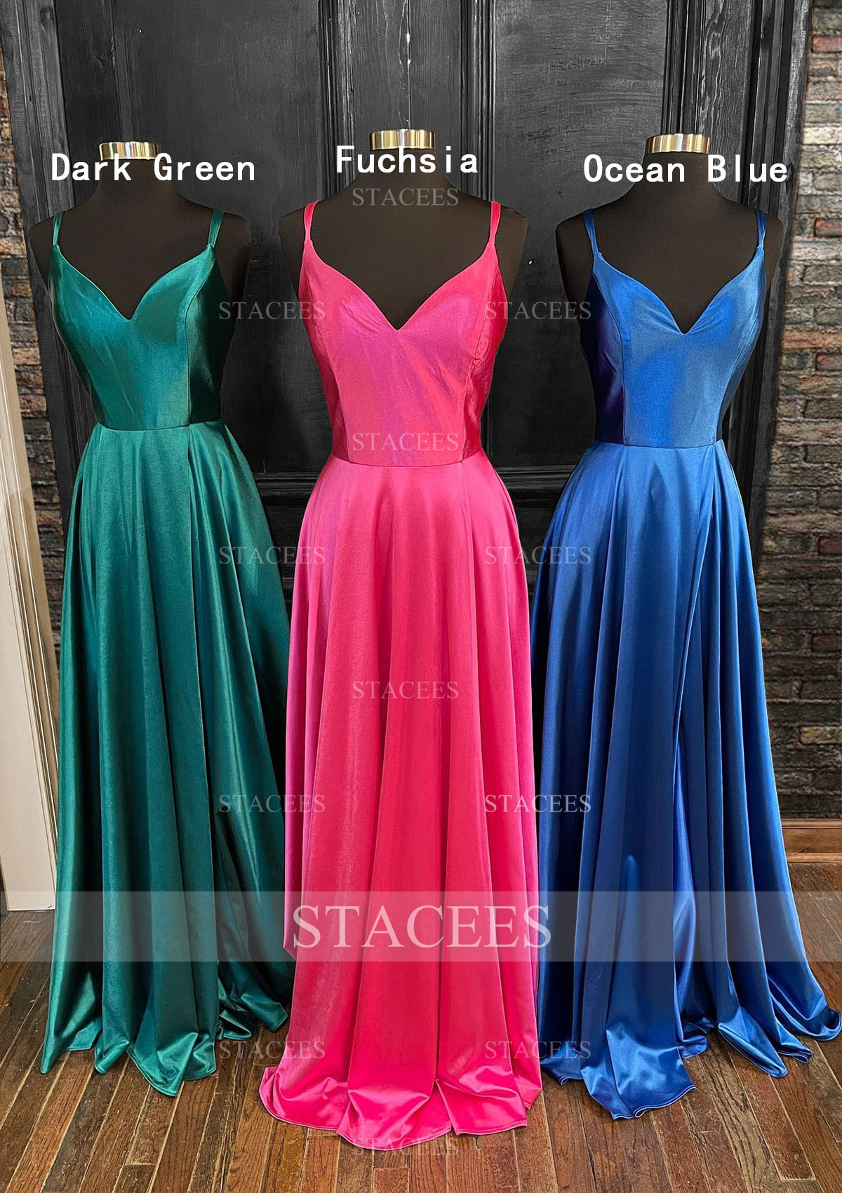 A-line V Neck Spaghetti Straps Long/Floor-Length Silk like Satin Prom Dress With Pockets