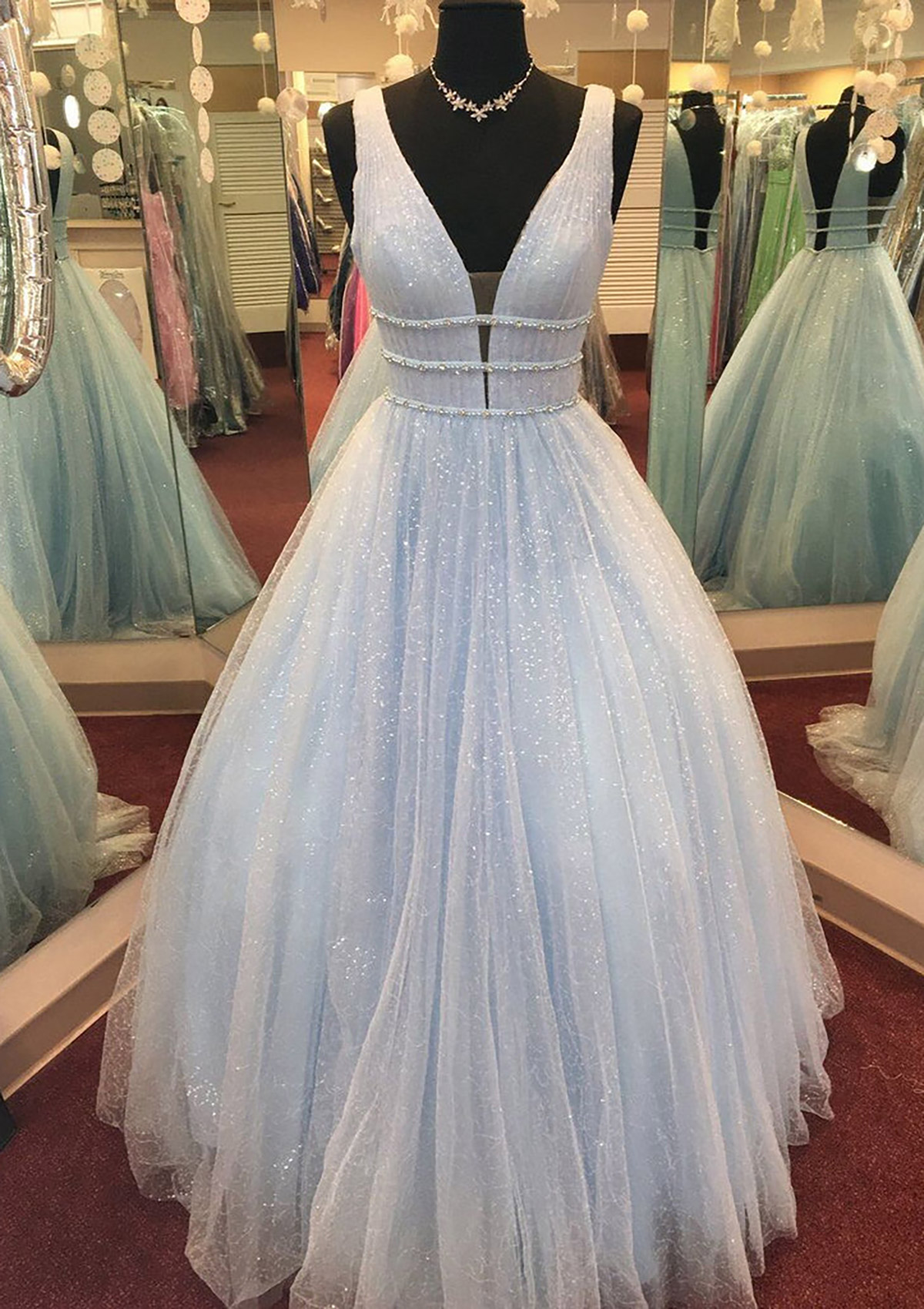 Light Blue A-line V Neck Long/Floor-Length Tulle GlitterProm Dress With Beading - STACEES