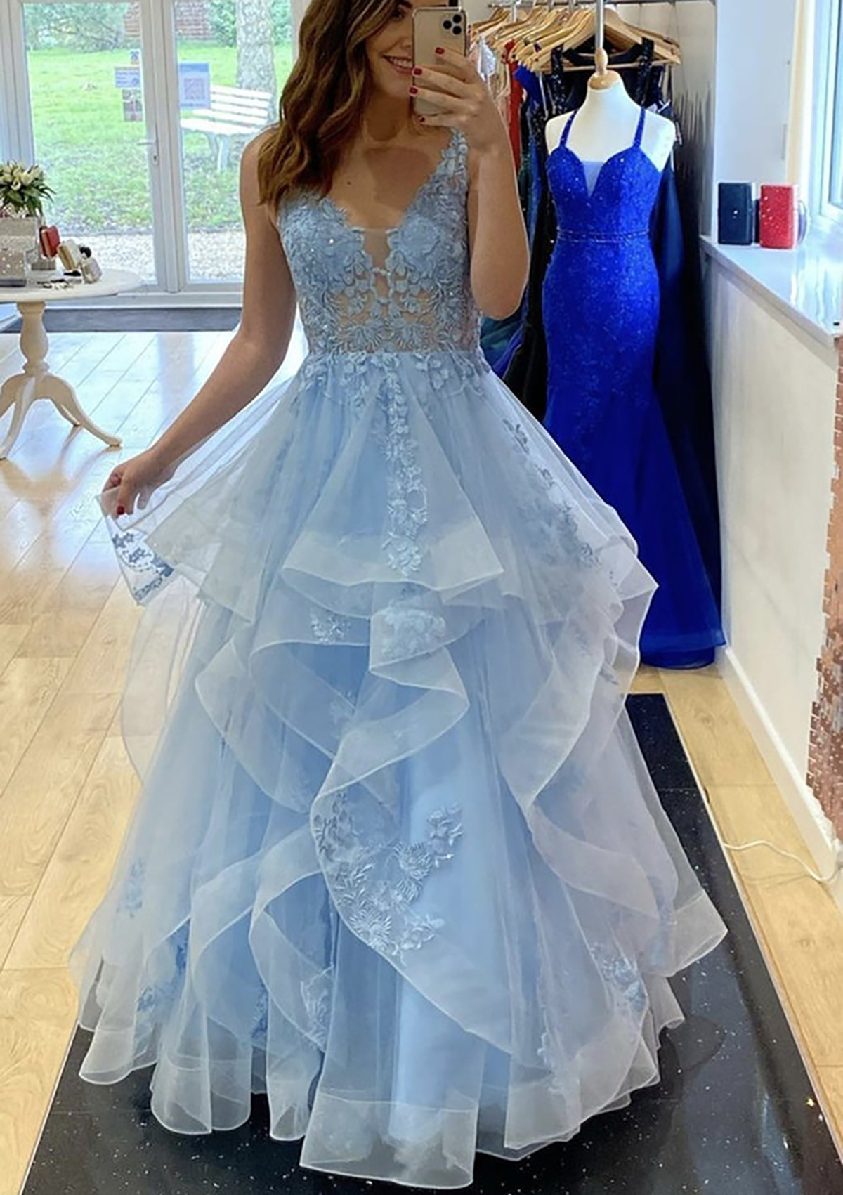 Gorgeous A-line Ruffled Lace Tulle Long Prom Dress With Beading
