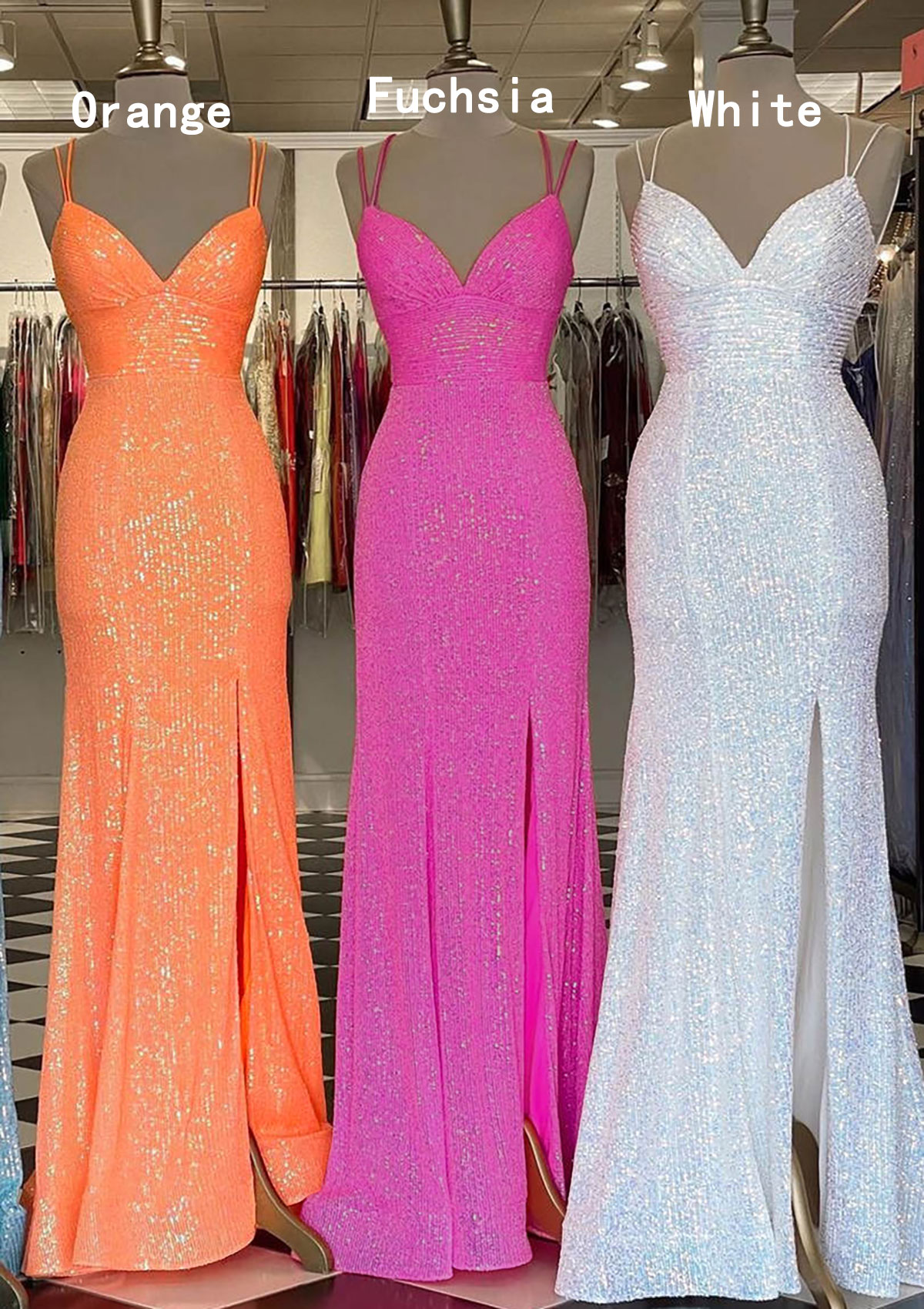 Sheath/Column V Neck Sleeveless Long/Floor-Length Sequined Prom Dress With Split