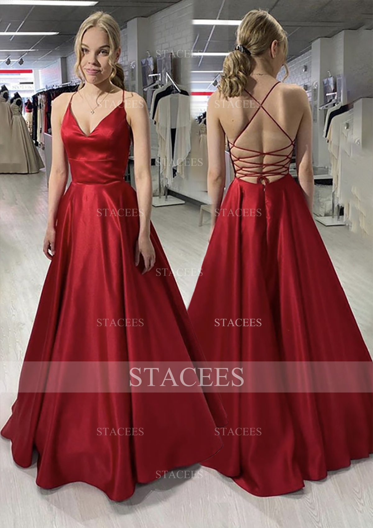 Burgundy A-line/Princess V Neck Sleeveless Satin Long/Floor-Length Prom Dress - STACEES