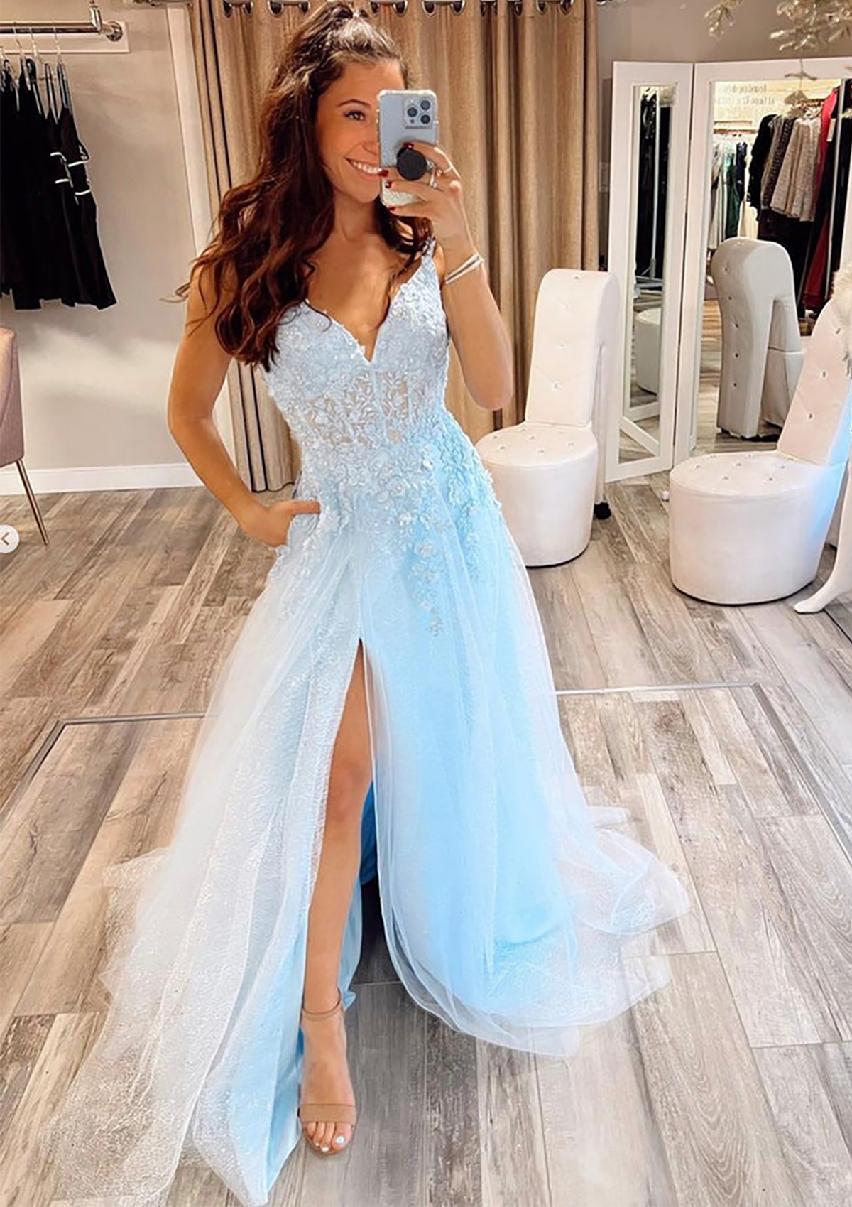 Light Blue A-line V Neck Spaghetti Straps Sweep Train Tulle Prom Dress With Appliqued Split Glitter - STACEES