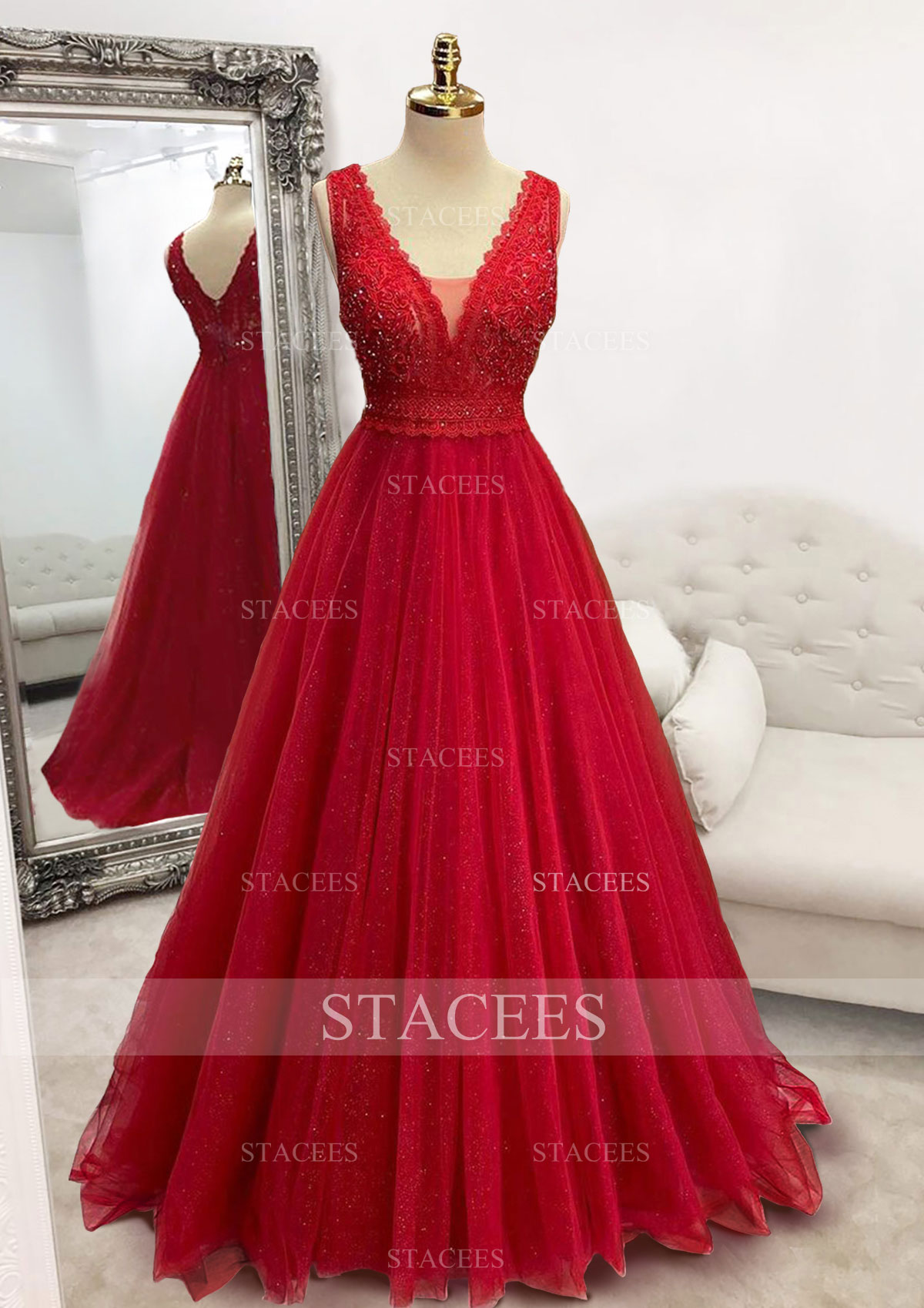  A-line Princess V Neck Long/Floor-Length Sparkly Tulle Prom Dress With Appliqued Beading Glitter