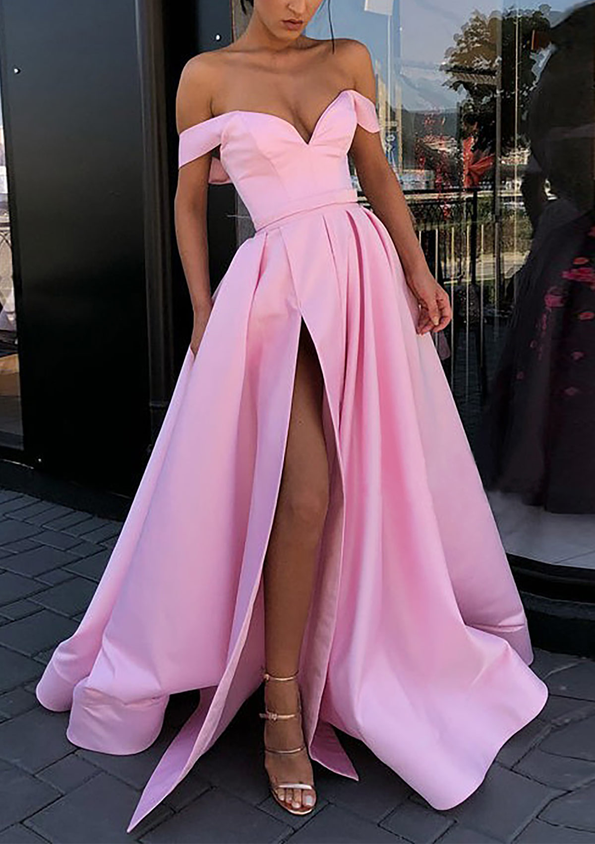 Candy Pink A-line Off-the-Shoulder Strapless Long/Floor-Length Satin Prom Dress With Split - STACEES