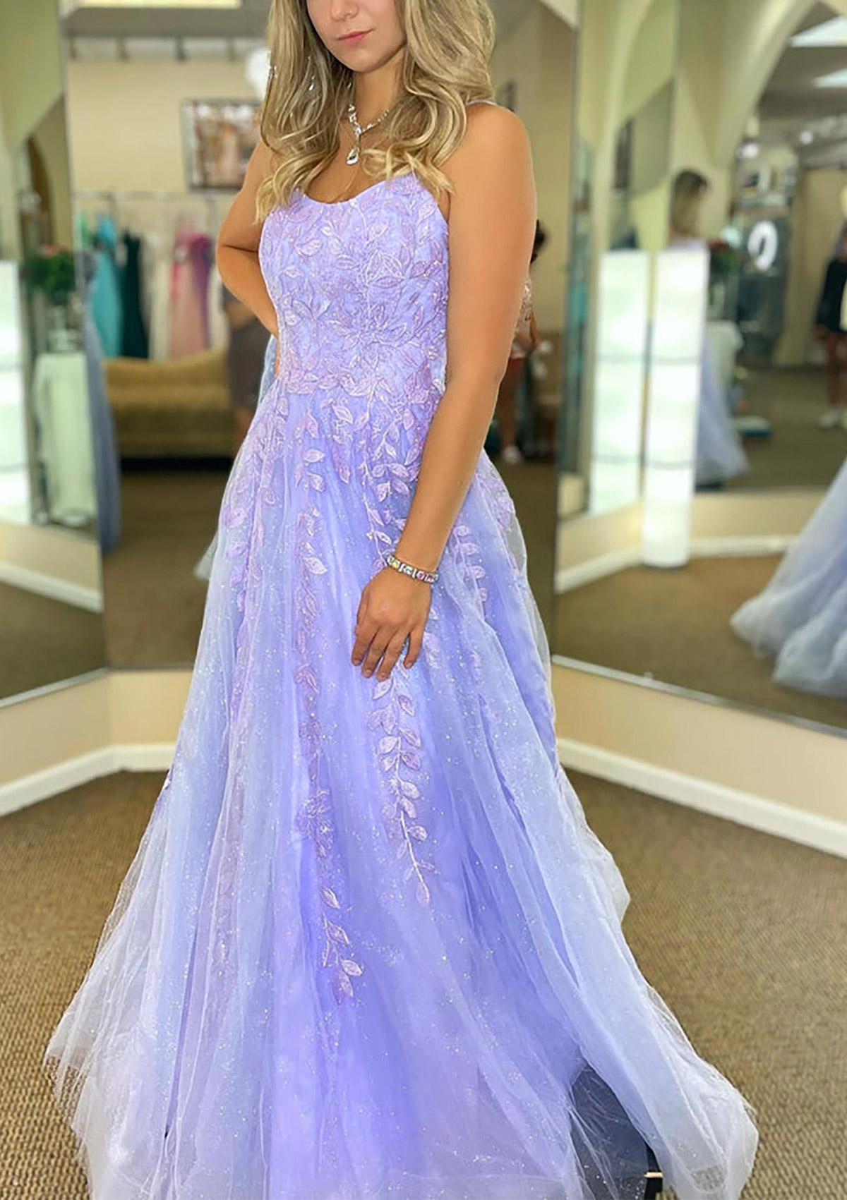 Lavender A-line V Neck Spaghetti Straps Sweep Train Tulle Prom Dress With Appliqued Glitter - STACEES