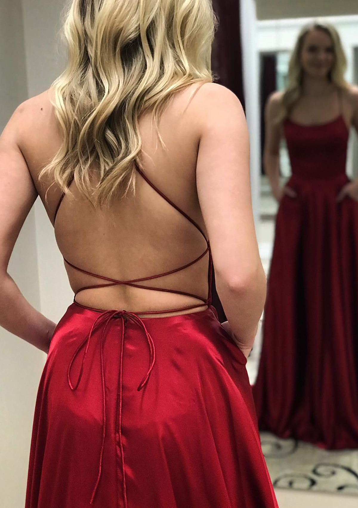 Burgundy A-line Square Neckline Spaghetti Straps Long/Floor-Length Charmeuse Prom Dress With Split - STACEES