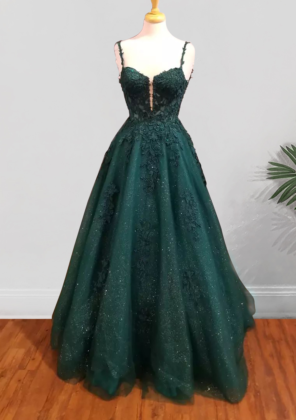 Dark Green A-line Sweetheart Spaghetti Straps Long/Floor-Length Tulle Prom Dress With Beading Glitter Appliqued - STACEES