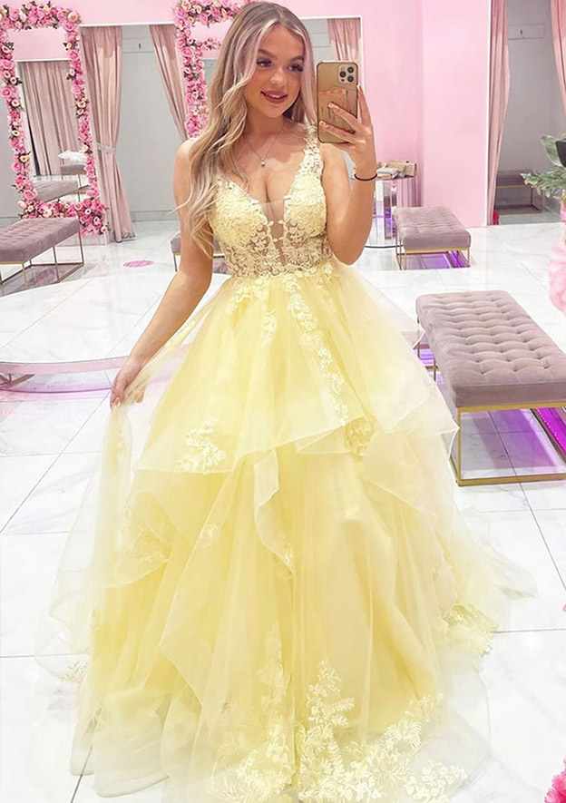 A-line Princess V Neck Sleeveless Tulle Long/Floor-Length Prom Dress With Lace