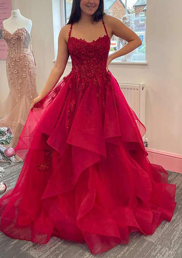 Ball Gown V Neck Sleeveless Tulle Sweep Train Prom Dress With Appliqued Beading