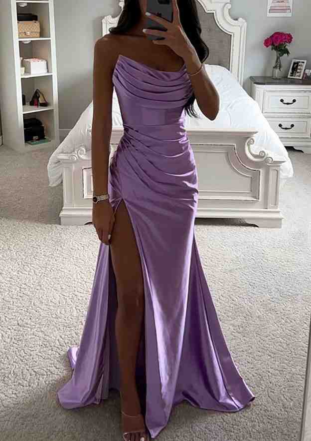 Sheath/Column Cowl Neck Sweep Train Silk like Satin Prom Dress With Detachable Spaghetti Straps