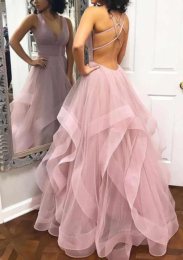 A-line Princess V Neck Sleeveless Tulle Long/Floor-Length Prom Dress With Pleated