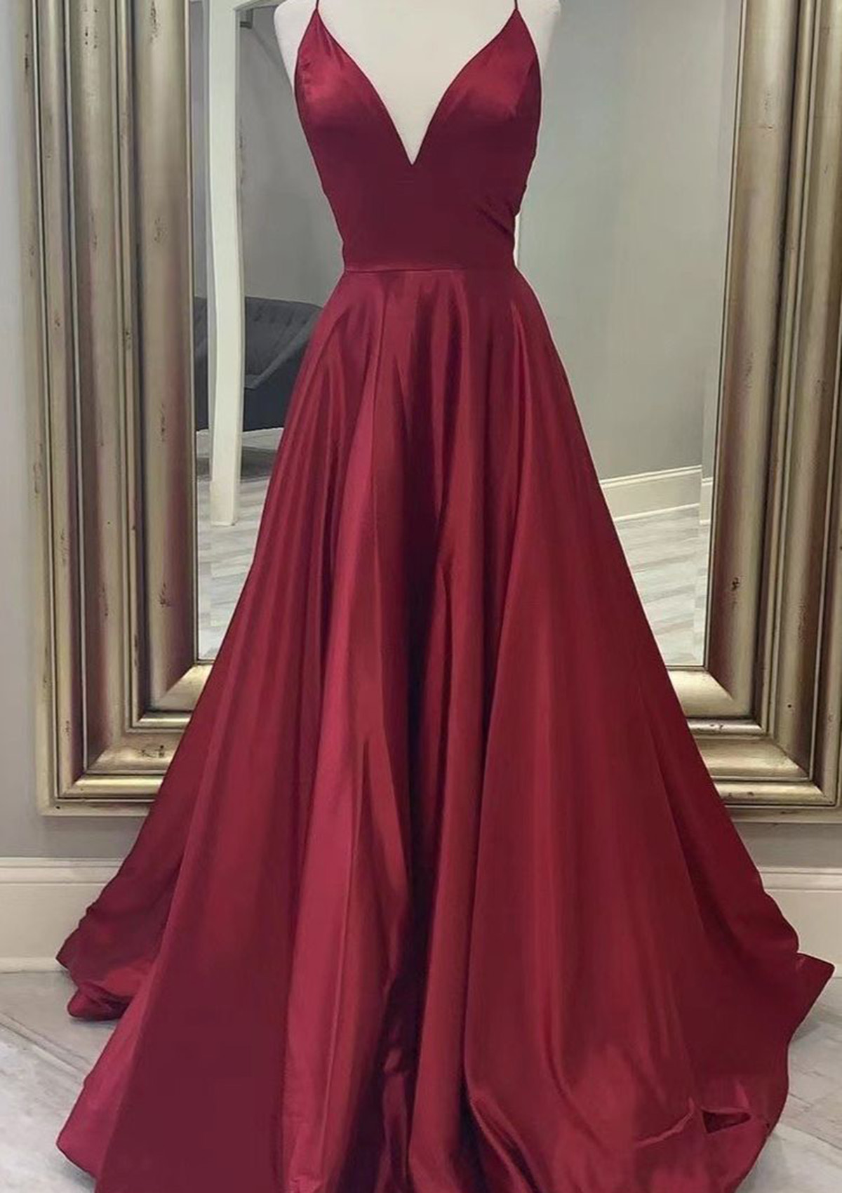 Burgundy A-line V Neck Spaghetti Straps Long/Floor-Length Charmeuse Prom Dress With Pockets - STACEES