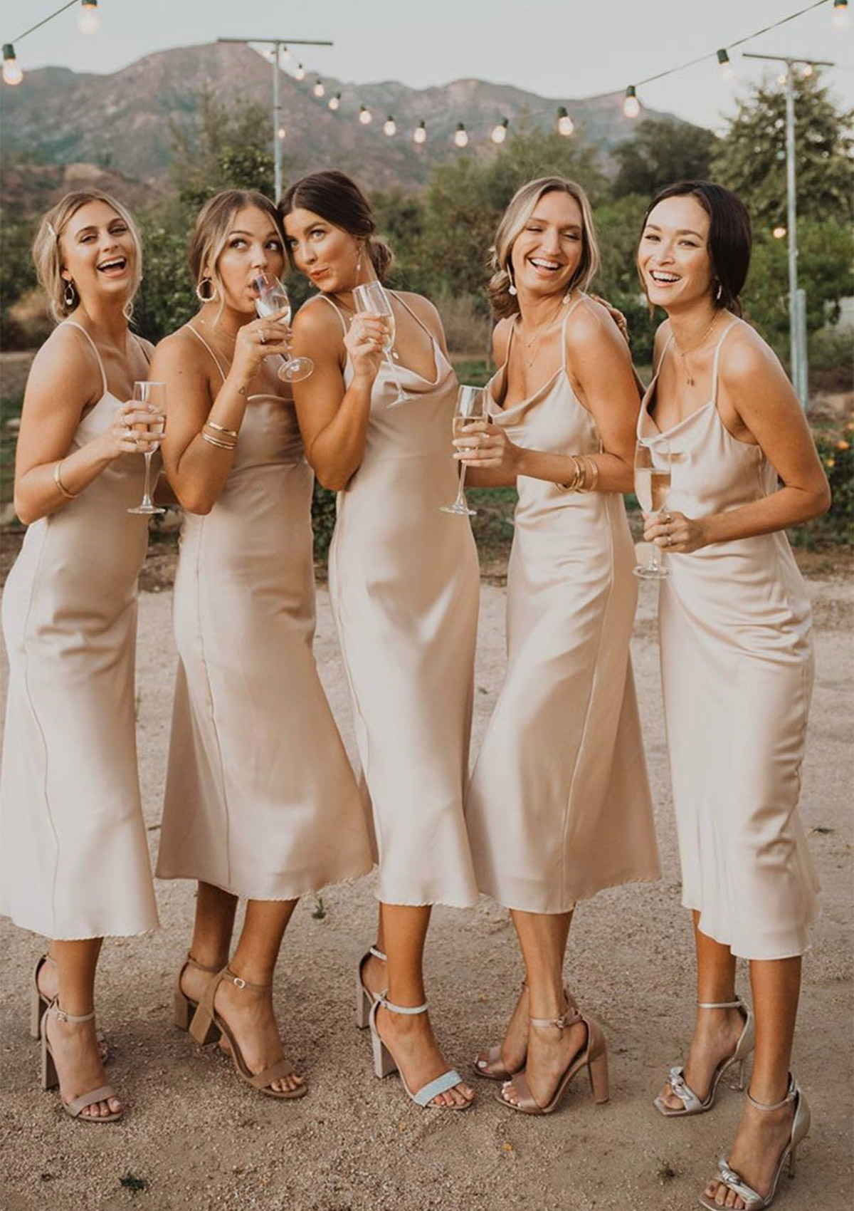 Sheath/Column Cowl Neck Sleeveless Tea-Length Satin Bridesmaid Dress