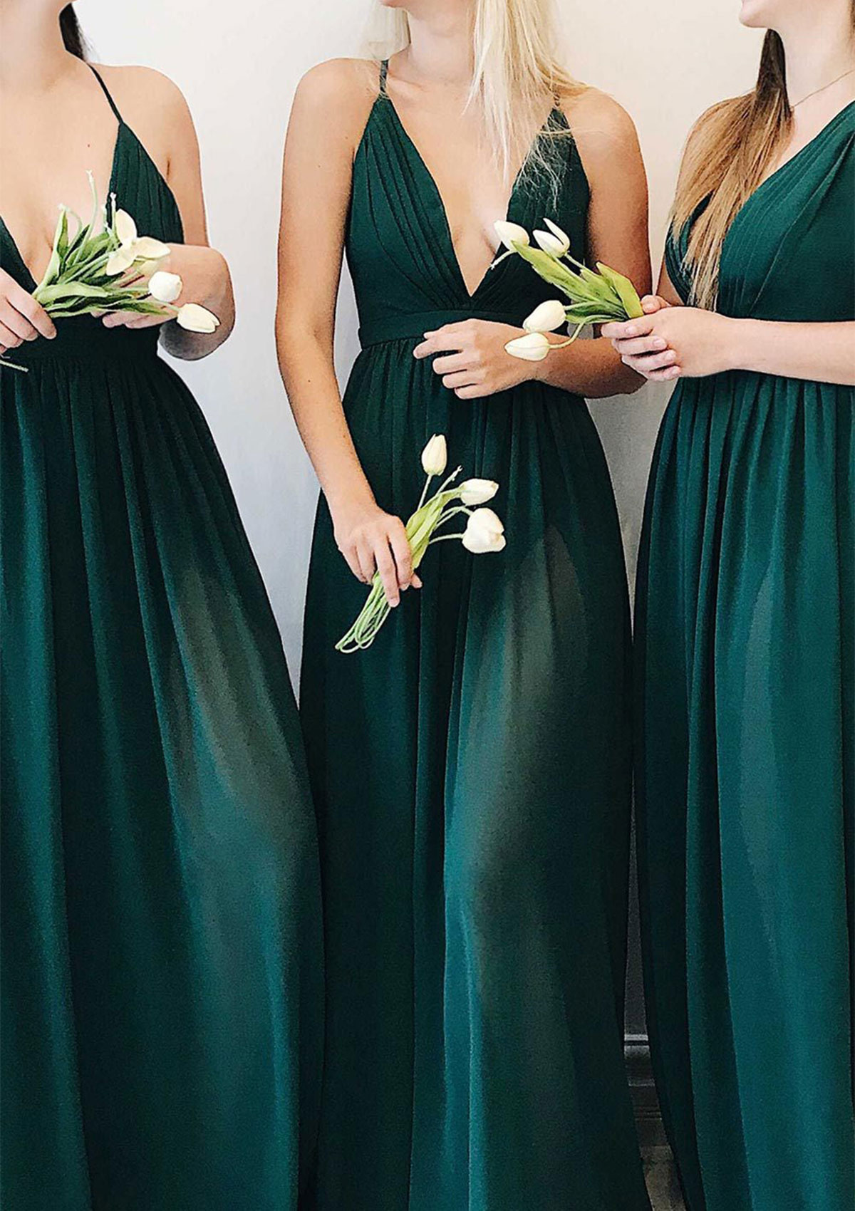 Teal Chiffon Long/Floor-Length A-line V Neck Bridesmaid Dress With Pleated - STACEES