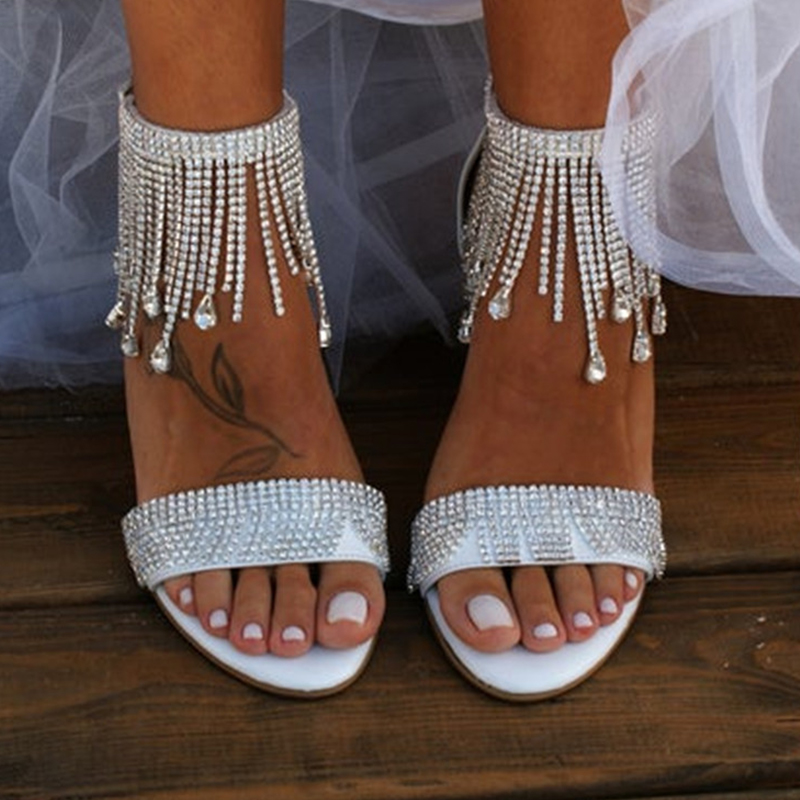 White Peep Toe Chunky Heel Satin Wedding Shoes With Tassel Rhinestone  - STACEES