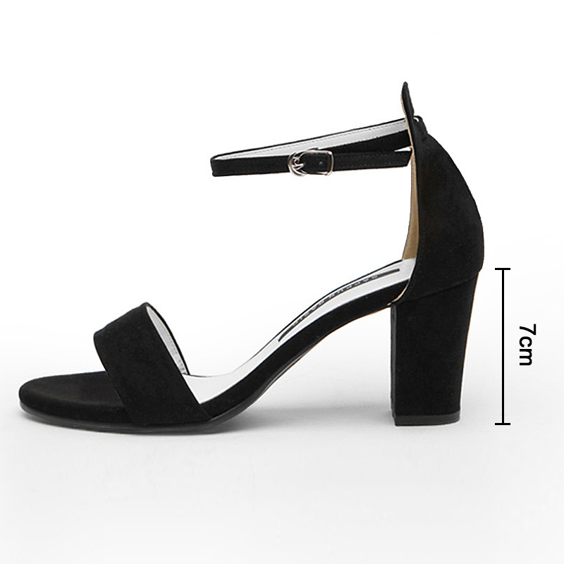 Black Microfiber Leather Peep Toe Sandals Chunky Heel Outdoor Fashion Shoes With Buckle Ankle Strap - STACEES
