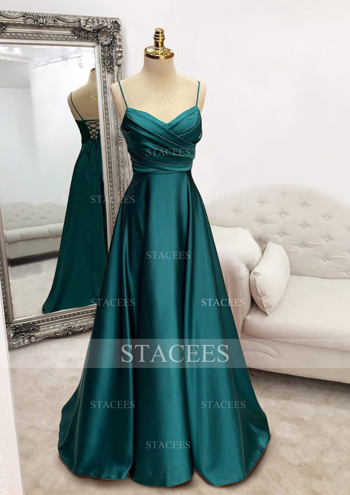 Teal A-line V Neck Spaghetti Straps Sweep Train Satin Prom Dress With Pleated