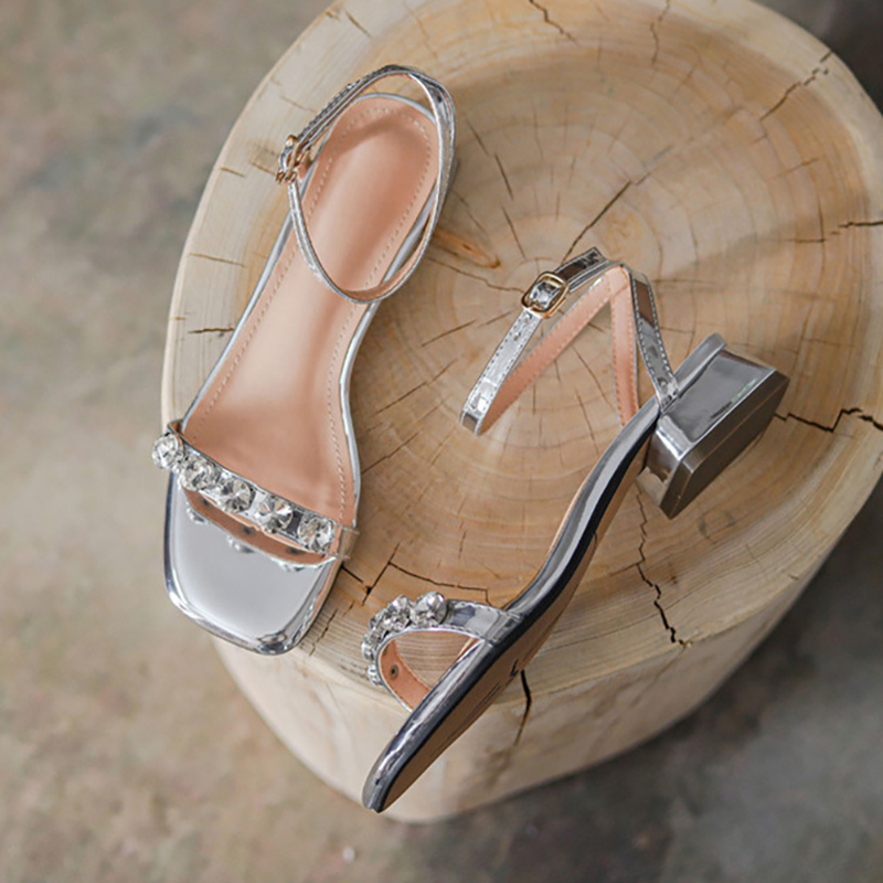 Silver Microfiber Leather Peep Toe Chunky Heel Outdoor Fashion Shoes With Rhinestone Buckle - STACEES