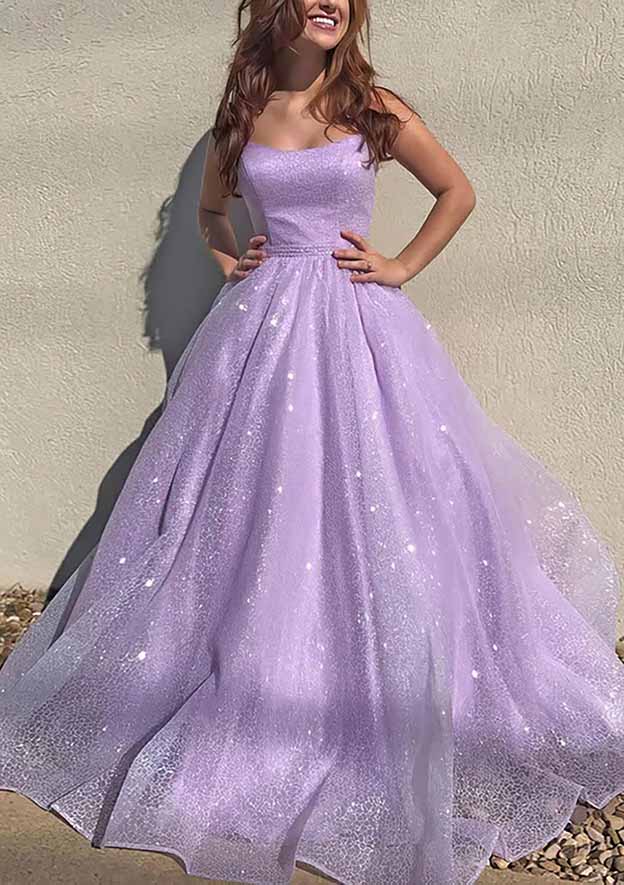 A-line Square Neckline Spaghetti Straps Long/Floor-Length Tulle Prom Dress With Glitter Beading