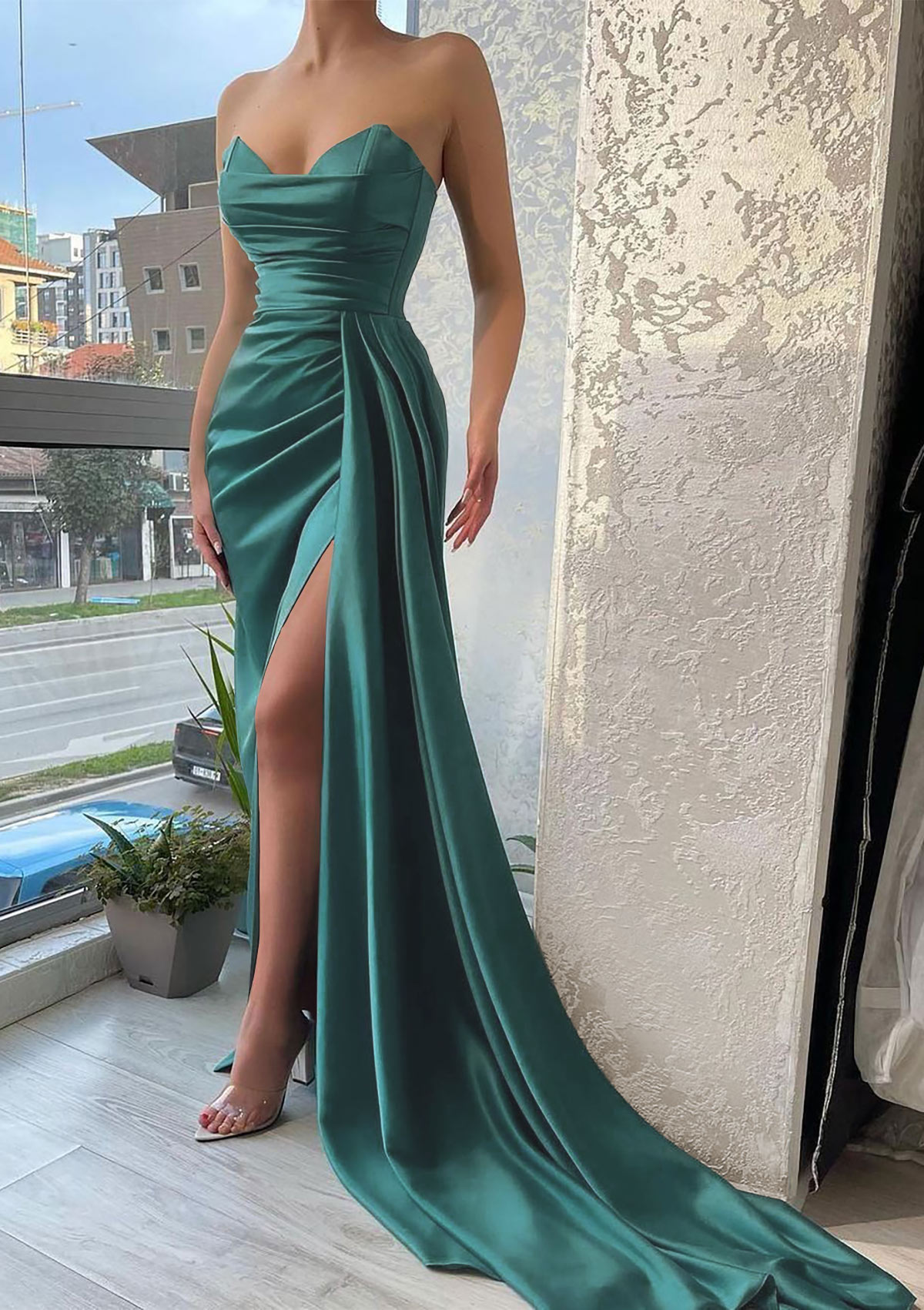 Teal Trumpet/Mermaid Sweetheart Strapless Court Train Satin Prom Dress With Pleated Split - STACEES