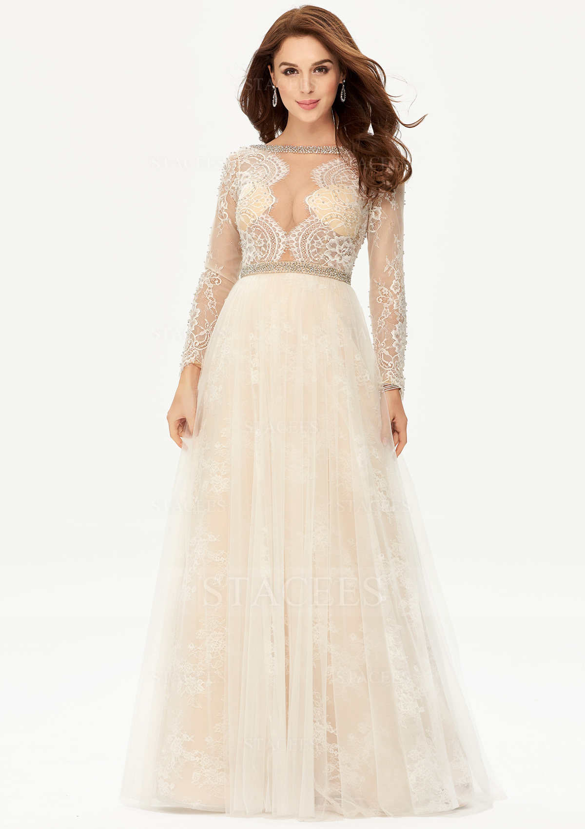 Trapèze col illusion satin tulle lace long/ras du sol robe de bal avec perle