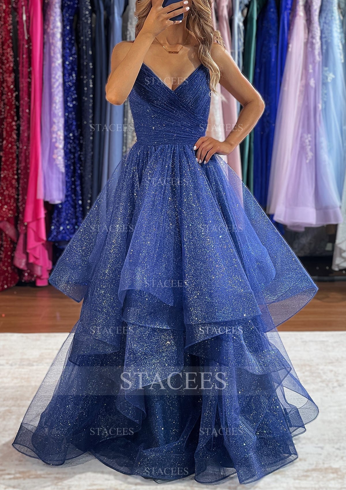 As Picture A-line V Neck Sleeveless Tulle Long Prom Dress with Ruffles Glitter - STACEES