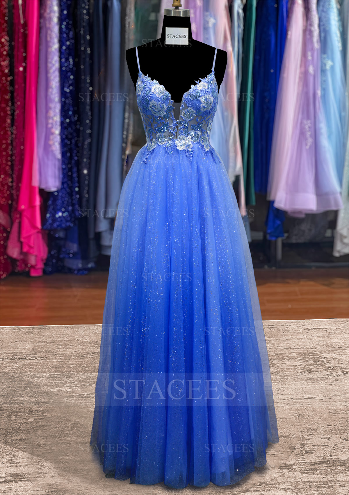 Blue A-line V Neck Sleeveless Long/Floor-Length Tulle Ombre Prom Dress with Appliqued Beading Glitter - STACEES