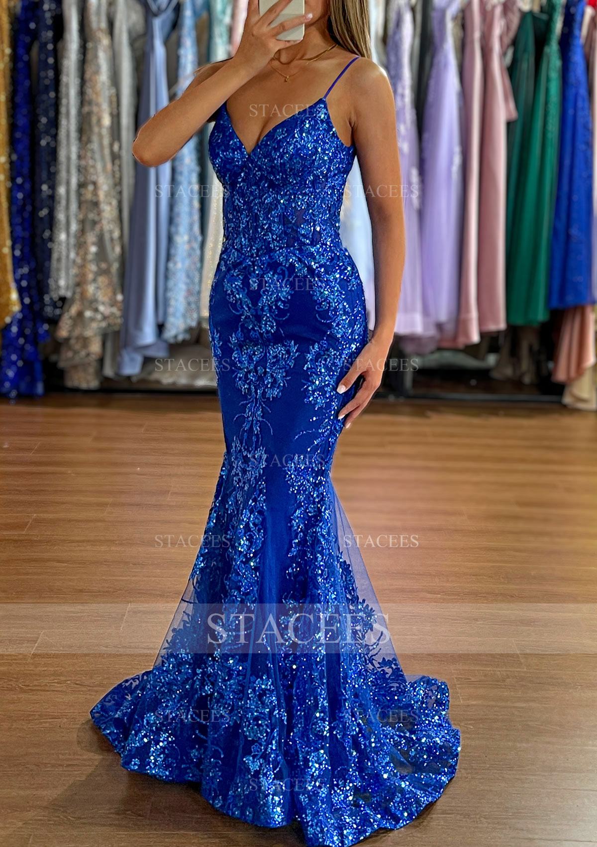 Trumpet/Mermaid V Neck Sleeveless Sweep Train Tulle Prom Dress with Appliqued Glitter