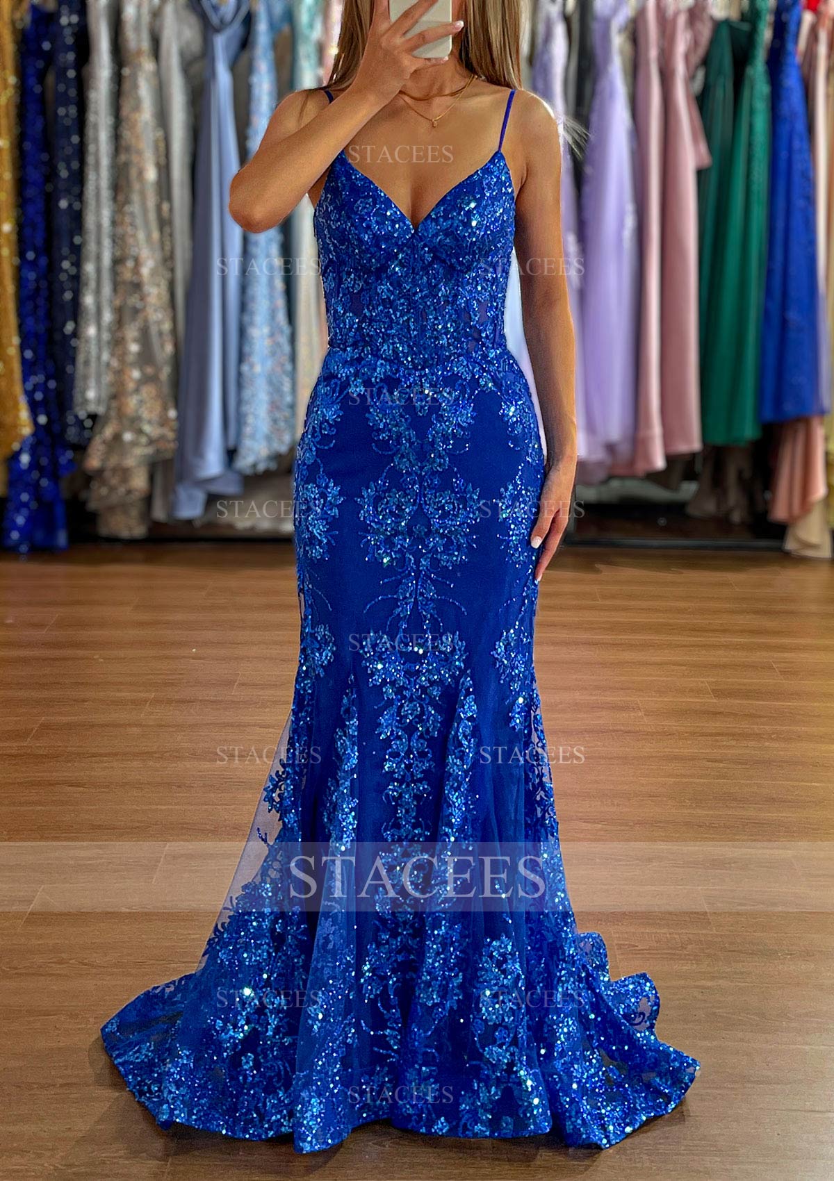 mermaid sleeveless prom dress Spaghetti Strap Mermaid Lace Prom Dresses Mauve Pageant Dress ARD2023