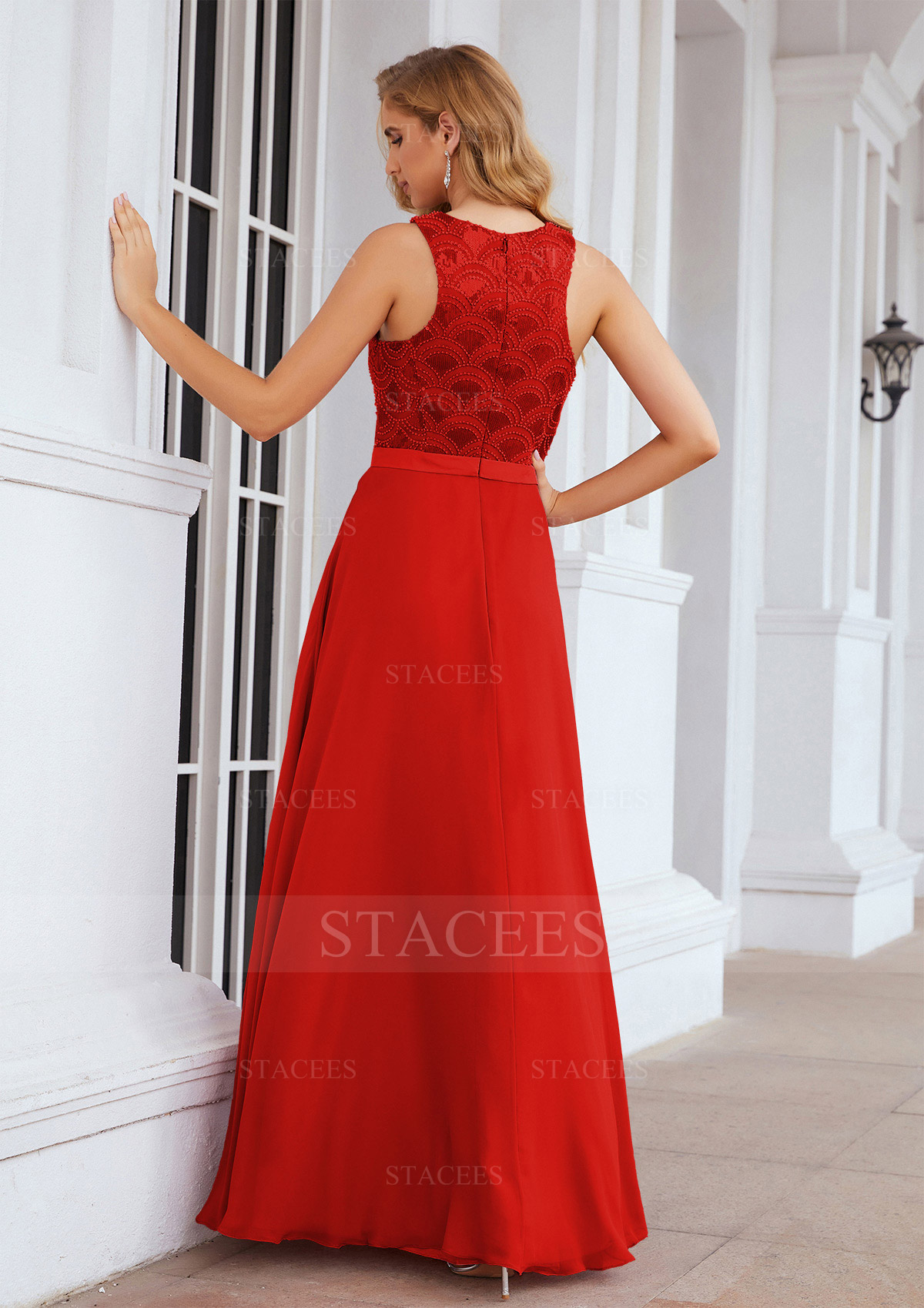 Red A-line Empire Scalloped Neck Sleeveless Chiffon Long/Floor-Length Bridesmaid Dress With Beading Sequins - STACEES