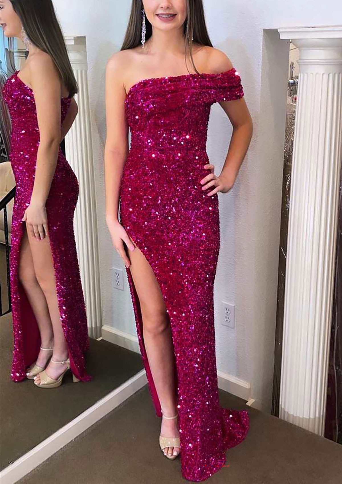Magenta Trumpet/Mermaid One-Shoulder Sleeveless Court Train Velvet Sequins Prom Dress - STACEES