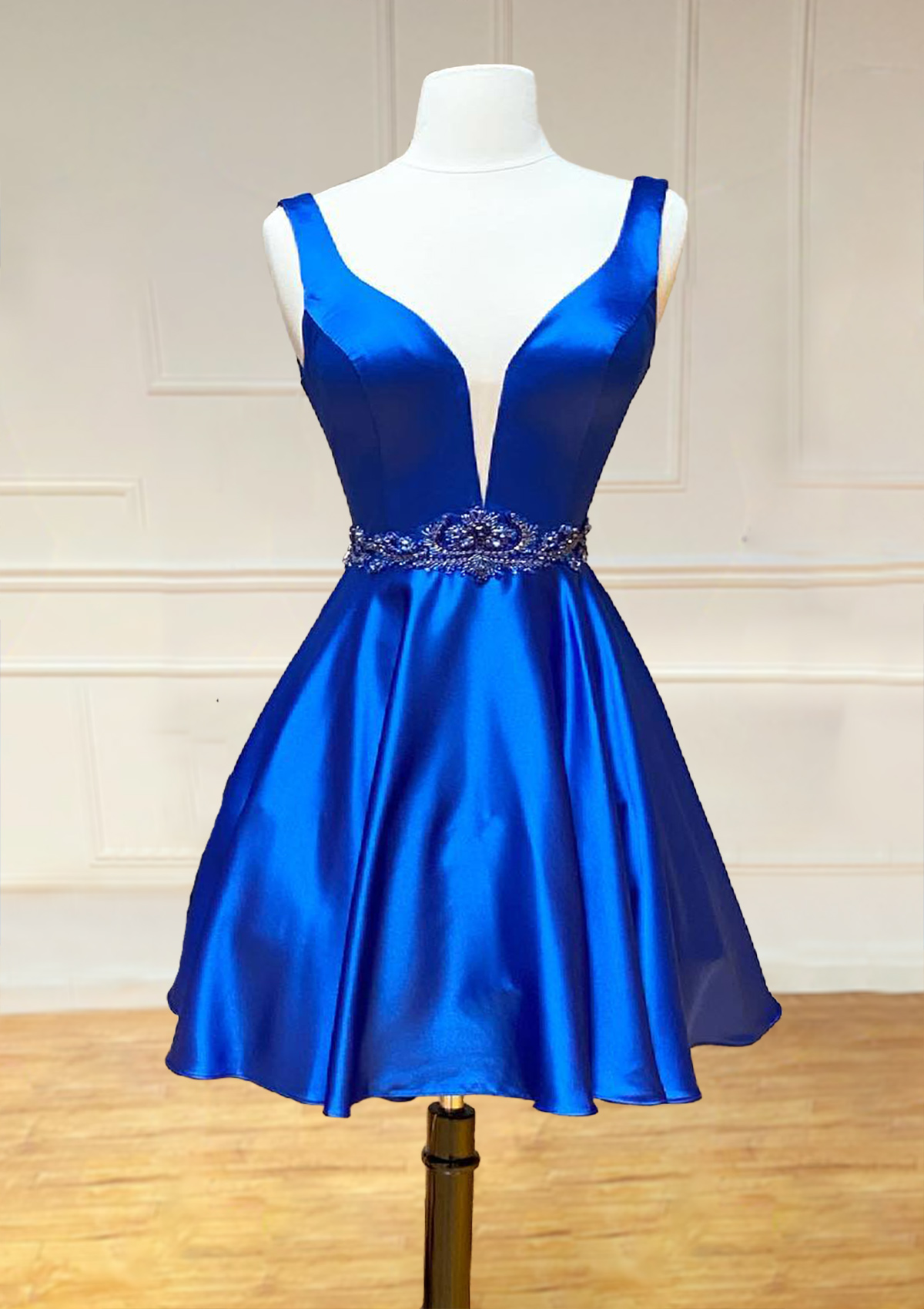 Royal Blue A-line V Neck Sleeveless Short/Mini Charmeuse Homecoming Dress with Beading Rhinestone - STACEES