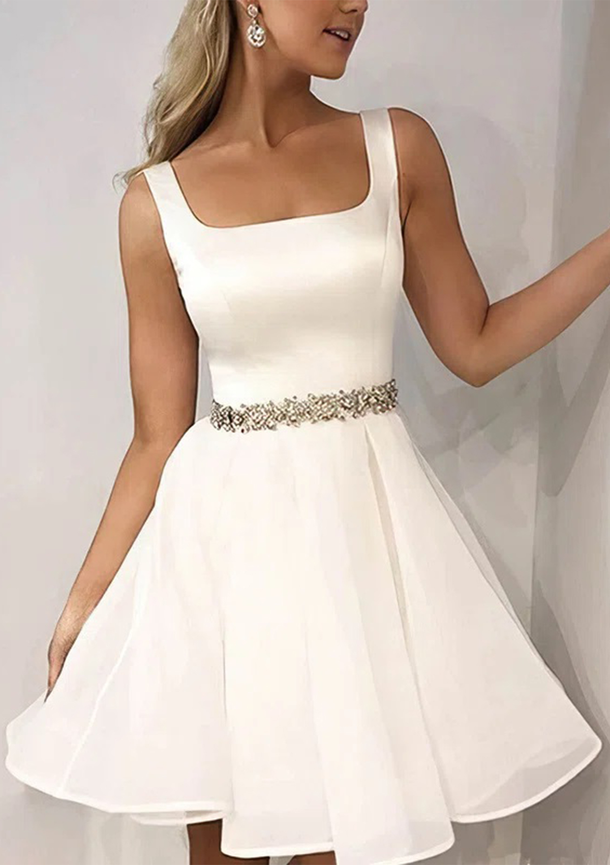 Ivory A-line Square Neckline Sleeveless Short/Mini Tulle Homecoming Dress with Beading - STACEES