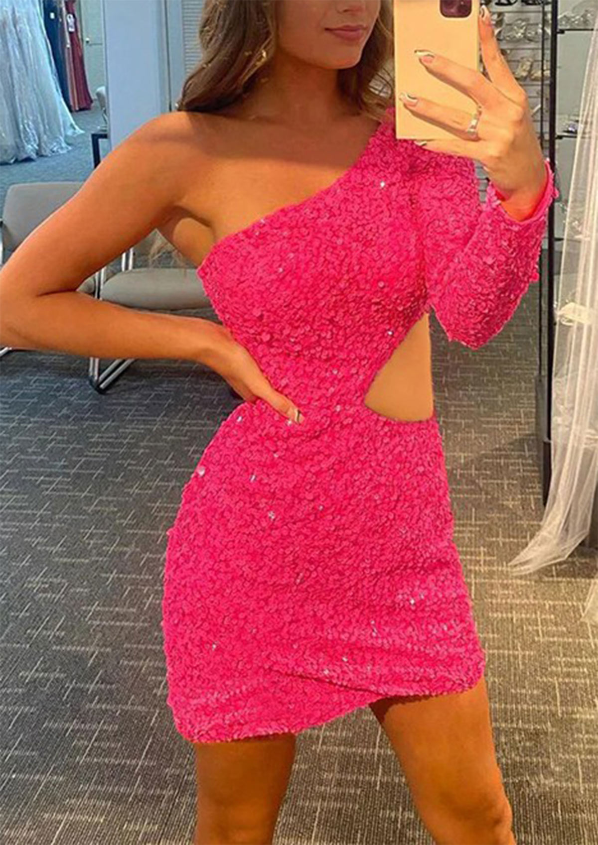 Sheath/Column One-Shoulder Full/Long Sleeve Short/Mini Velvet Sequins Homecoming Dress