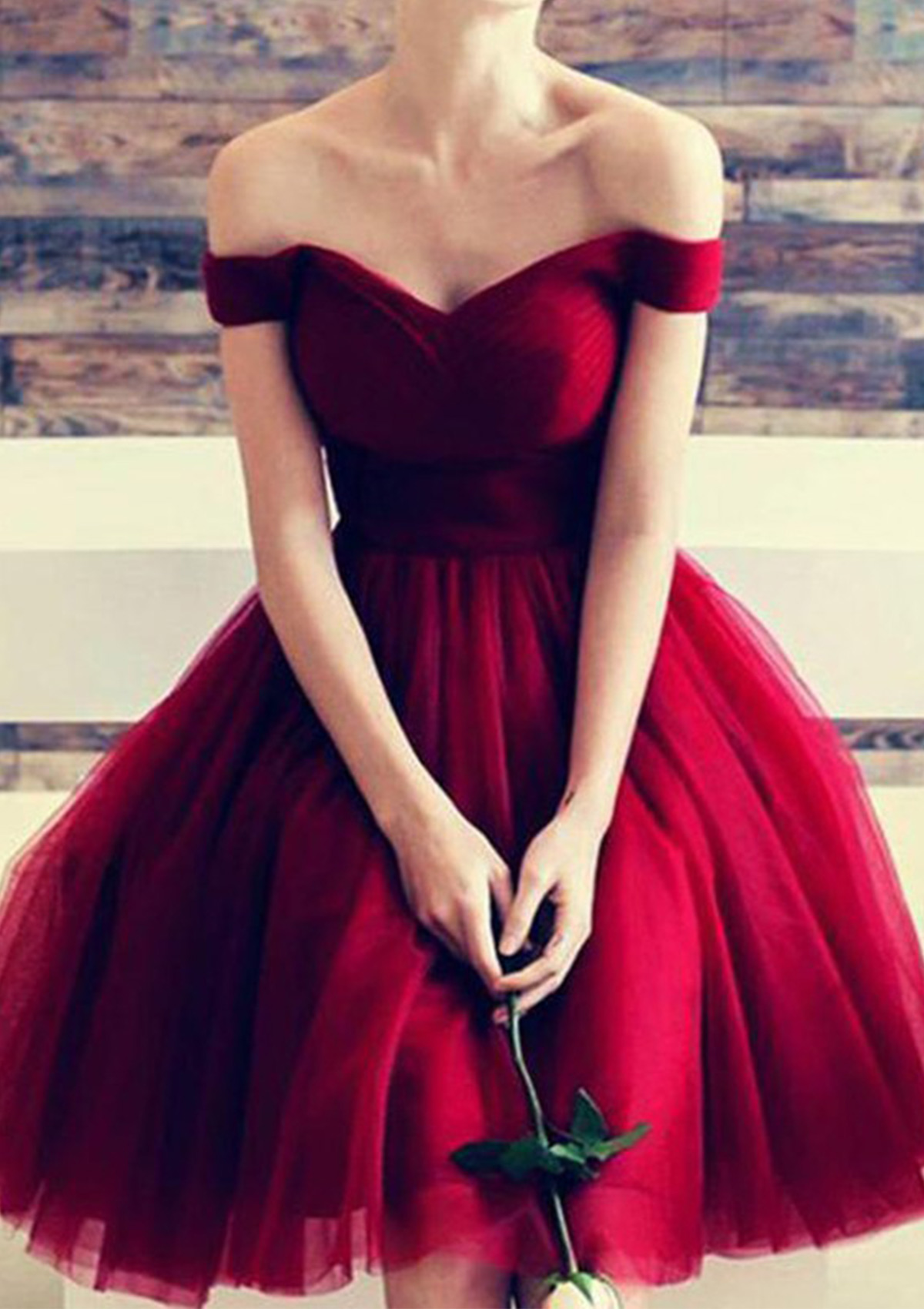 Burgundy A-line Off-the-Shoulder Short Sleeve Short/Mini Tulle Homecoming Dress - STACEES
