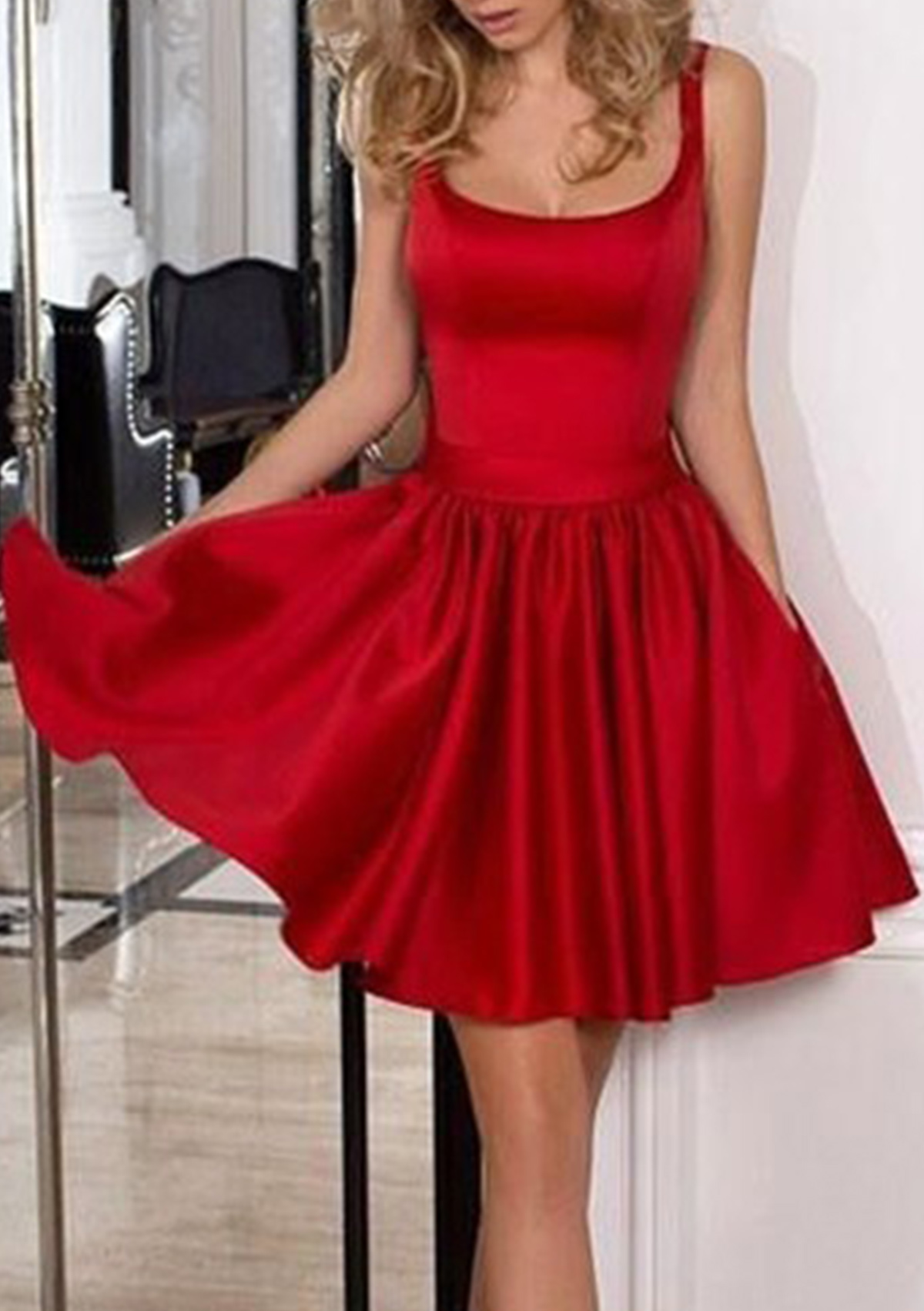 Red A-line Square Neckline Sleeveless Short/Mini Satin Homecoming Dress with Bowknot Ruffles - STACEES