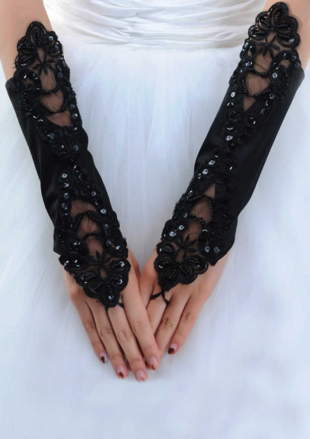 Guantes de novia/boda sin dedos de satén con cuentas y longitud hasta el codo de colores