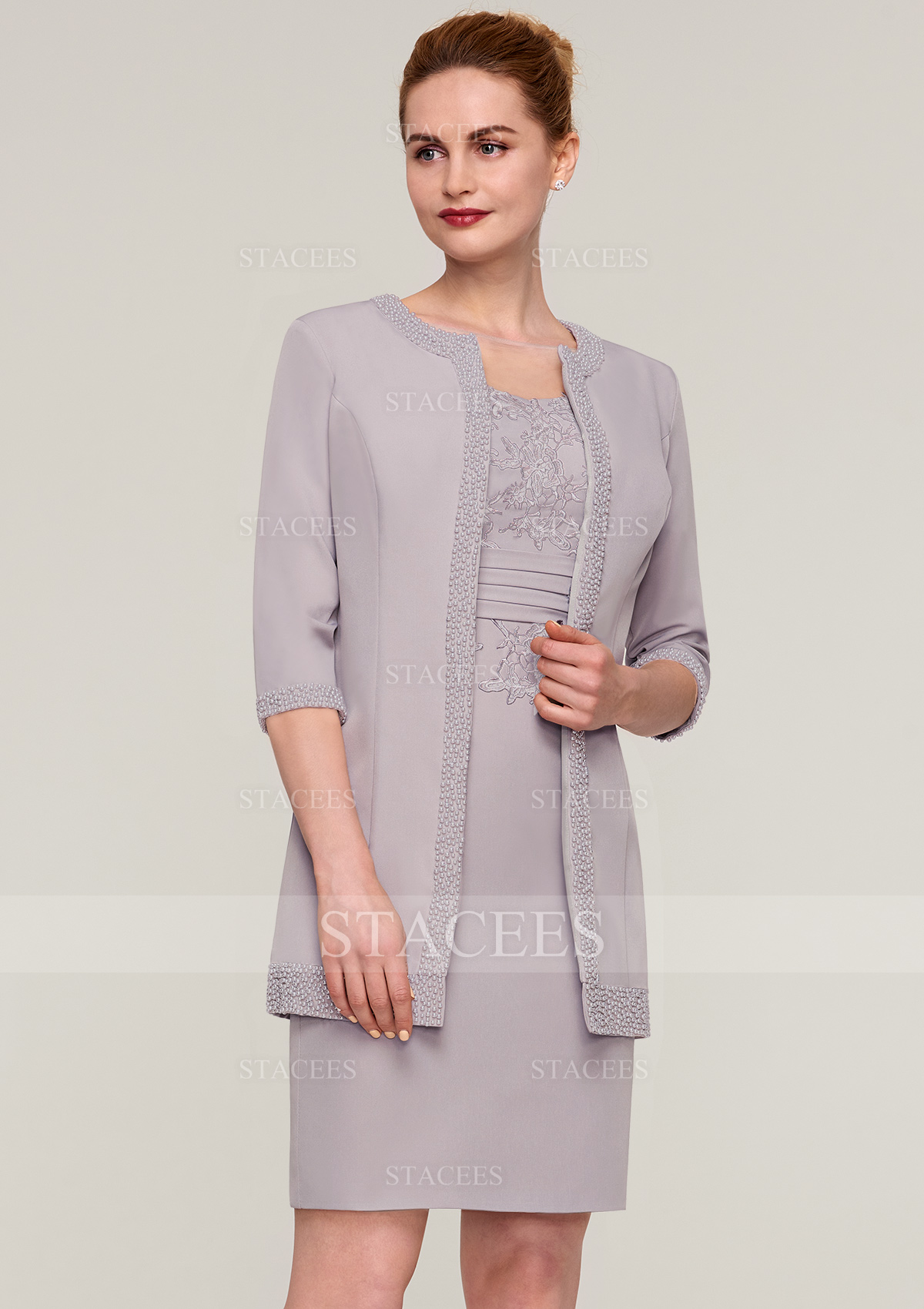 Sheath/Column Bateau Half Sleeve Knee-Length Elastic Satin Mother of the Bride Dress With Jacket Appliqued Beading Pleated
