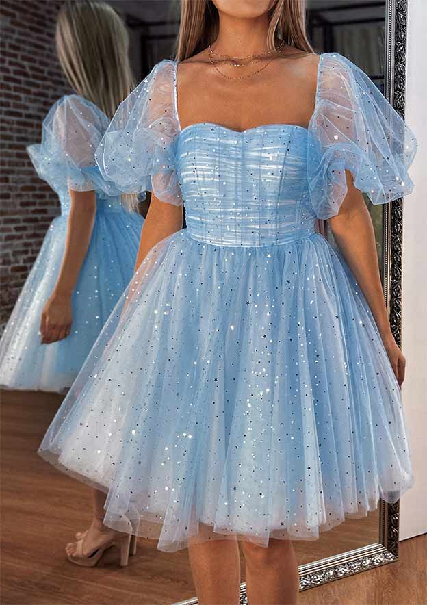 A-line Off-the-Shoulder Short Sleeve Short/Mini Tulle Homecoming Dress with Pleated Sequins