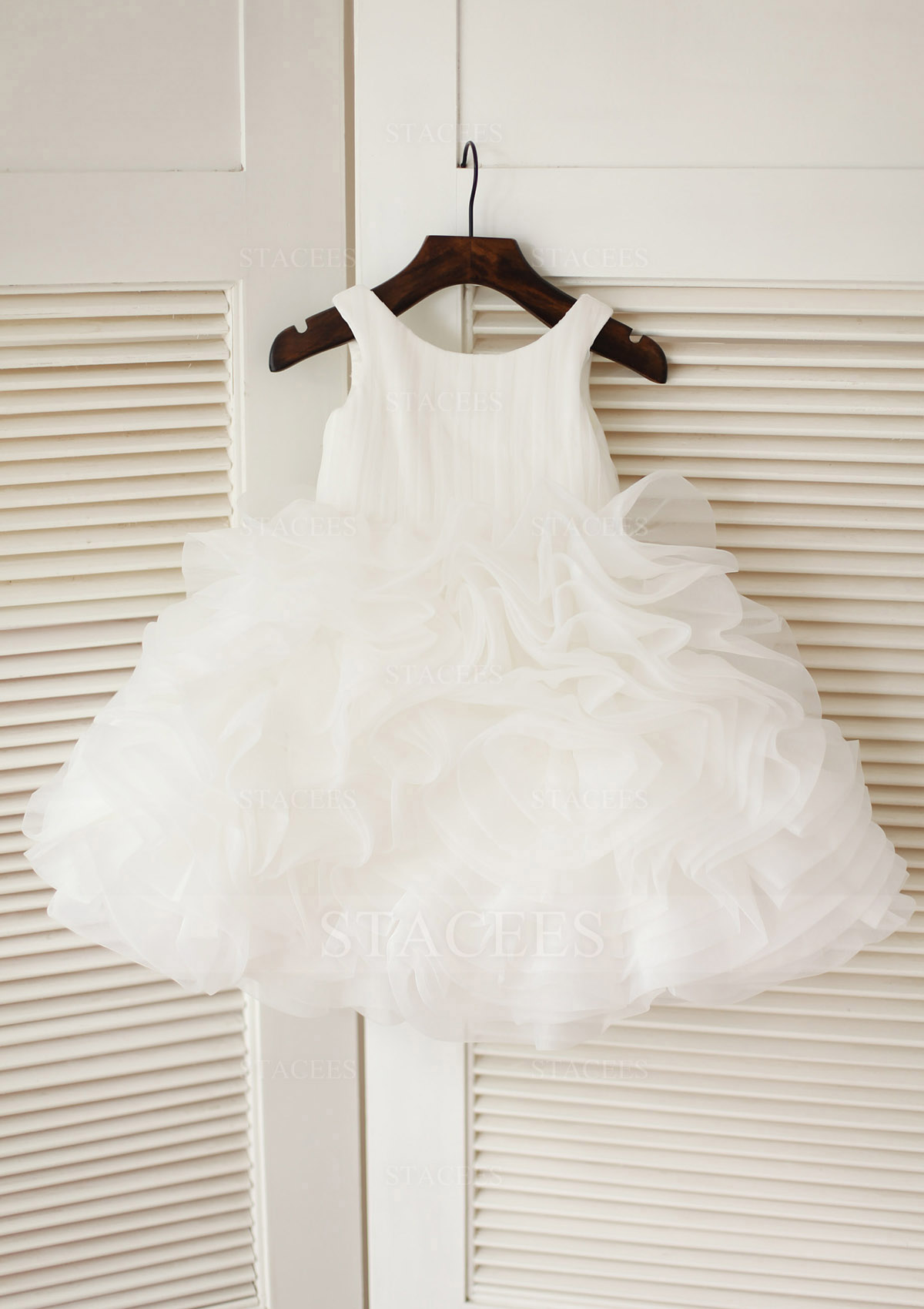 Ivory A-line/Princess Scoop Neck Knee-Length Organza Flower Girl Dress With Ruffles - STACEES